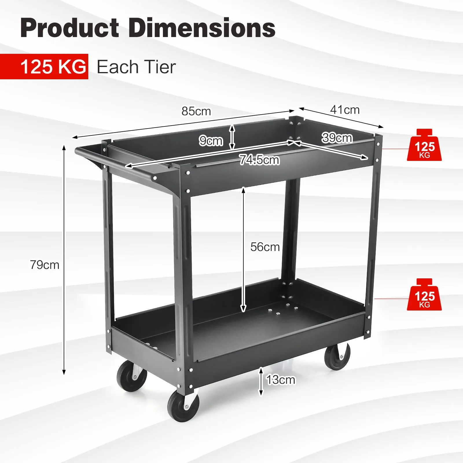 2 Tiers Tool Trolley with Handle and 4 Wheels-Black