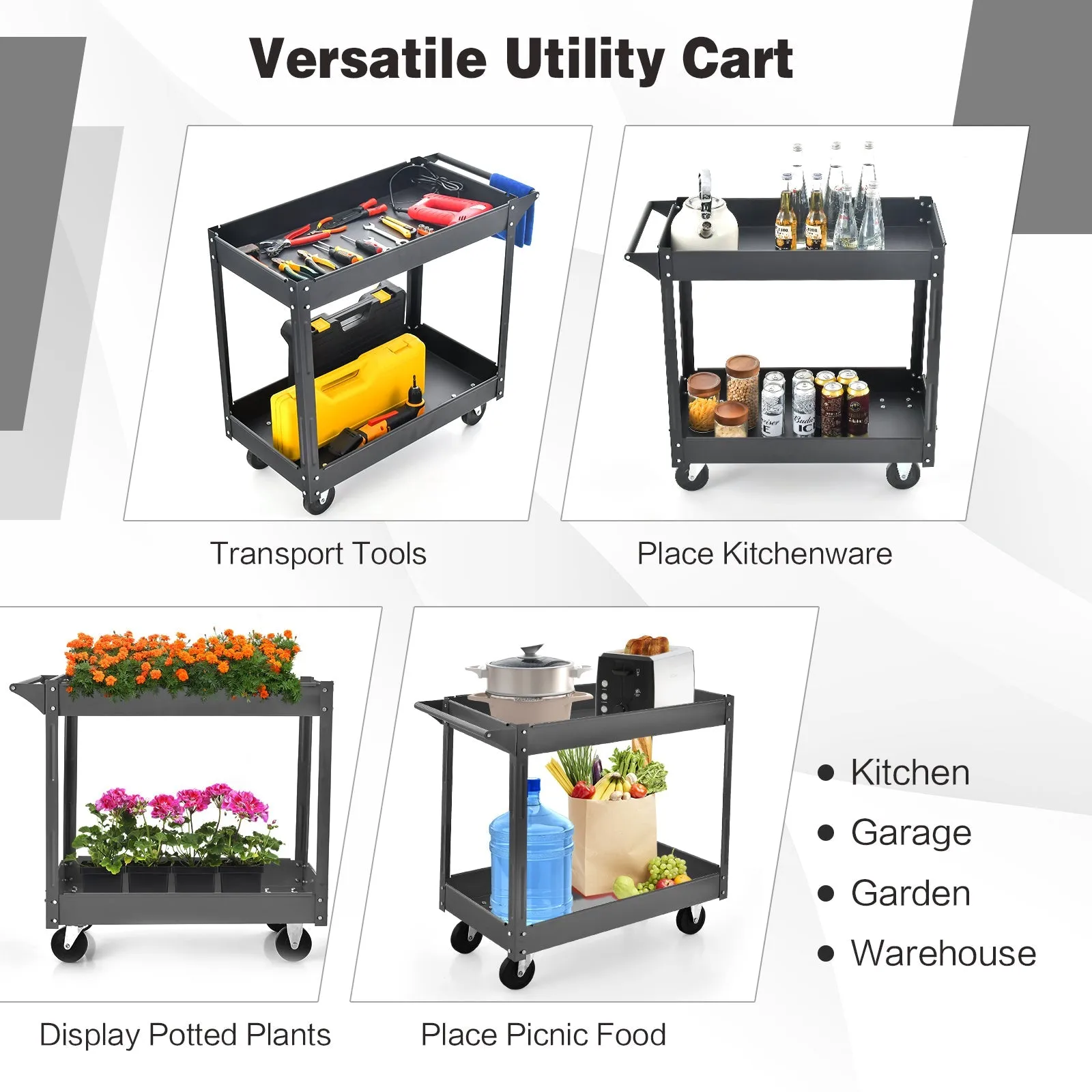 2 Tiers Tool Trolley with Handle and 4 Wheels-Black