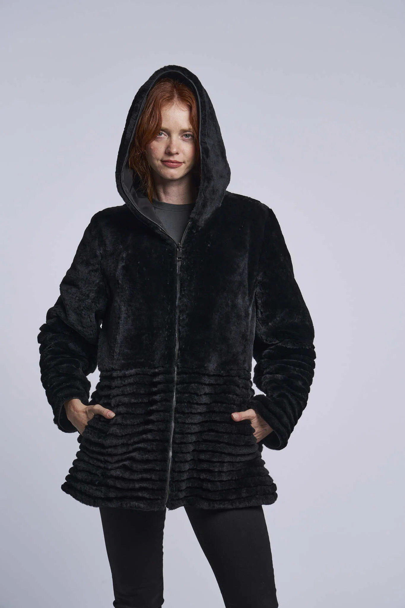 431HD Genuine shearling hooded coat reverses to all weather micro-fiber Holiday Special $490