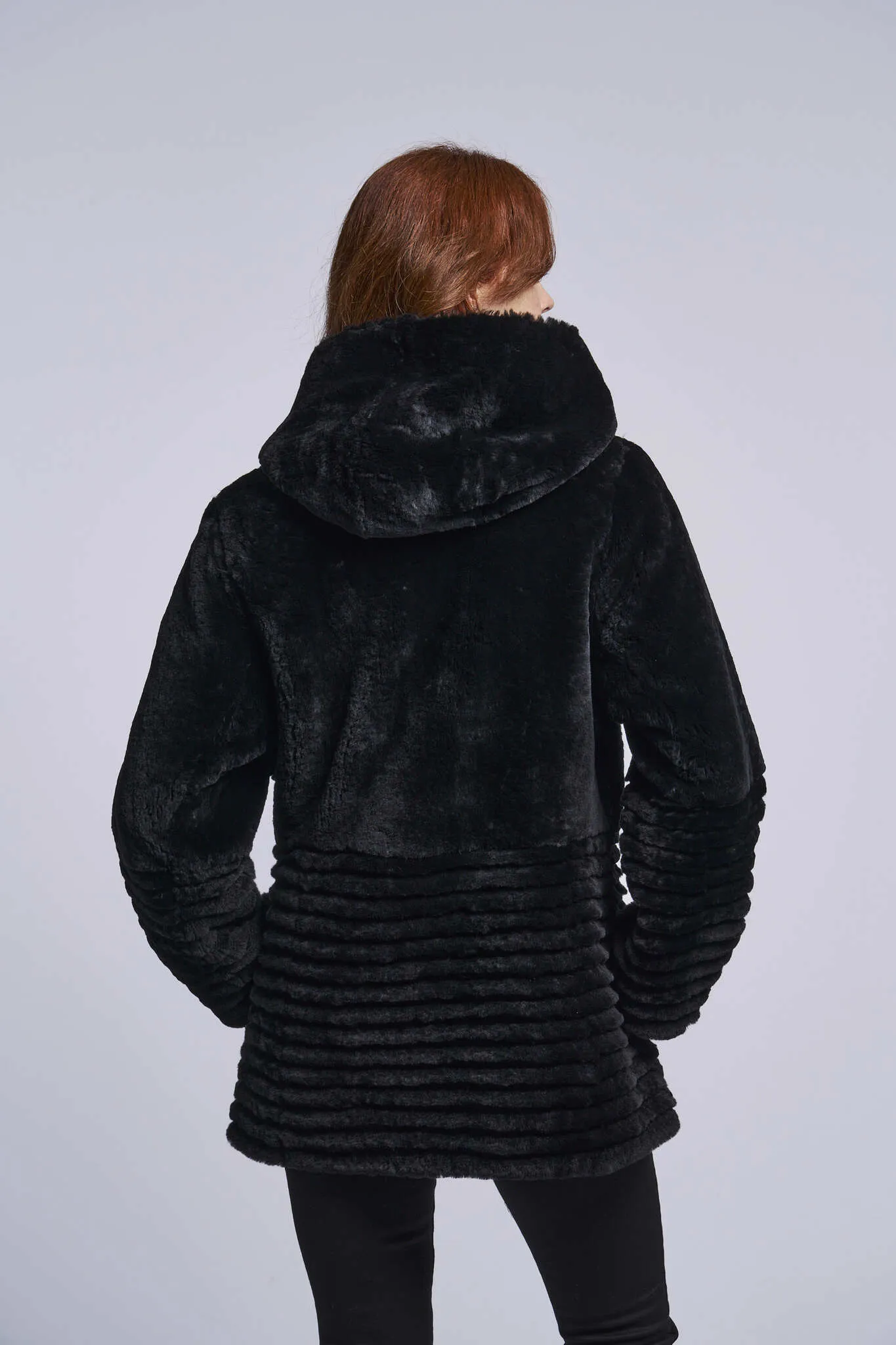 431HD Genuine shearling hooded coat reverses to all weather micro-fiber Holiday Special $490