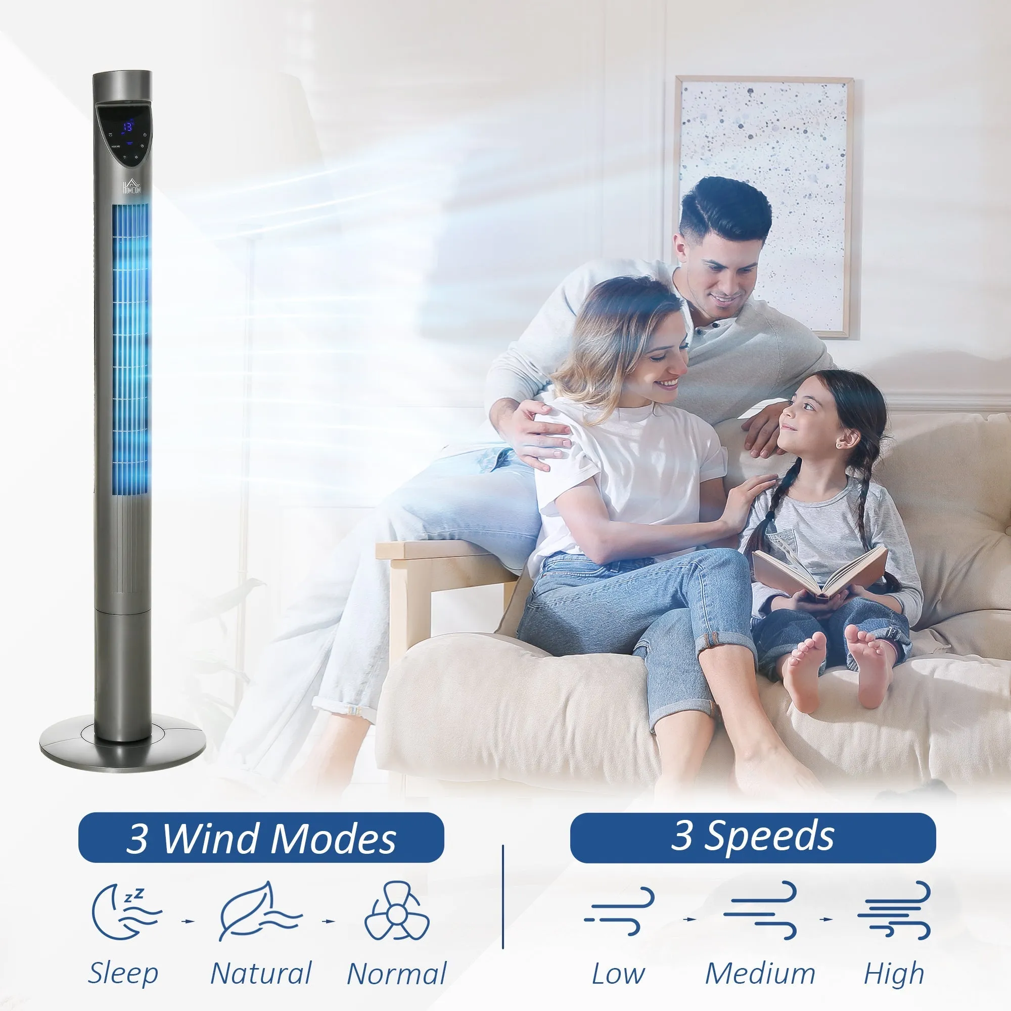 46" Tower Fan Cooling with Ionizer, Air Filter, Oscillating, 3 Speed, 12h Timer, Remote Controller, for Bedroom, Grey