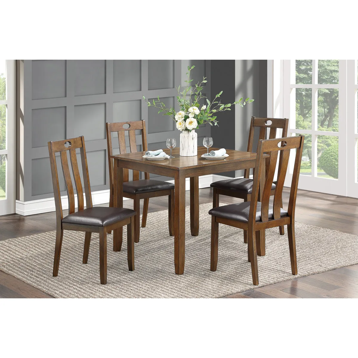 Acacia Wood 5-Piece Dinette Set with Brown Faux Leather Upholstery