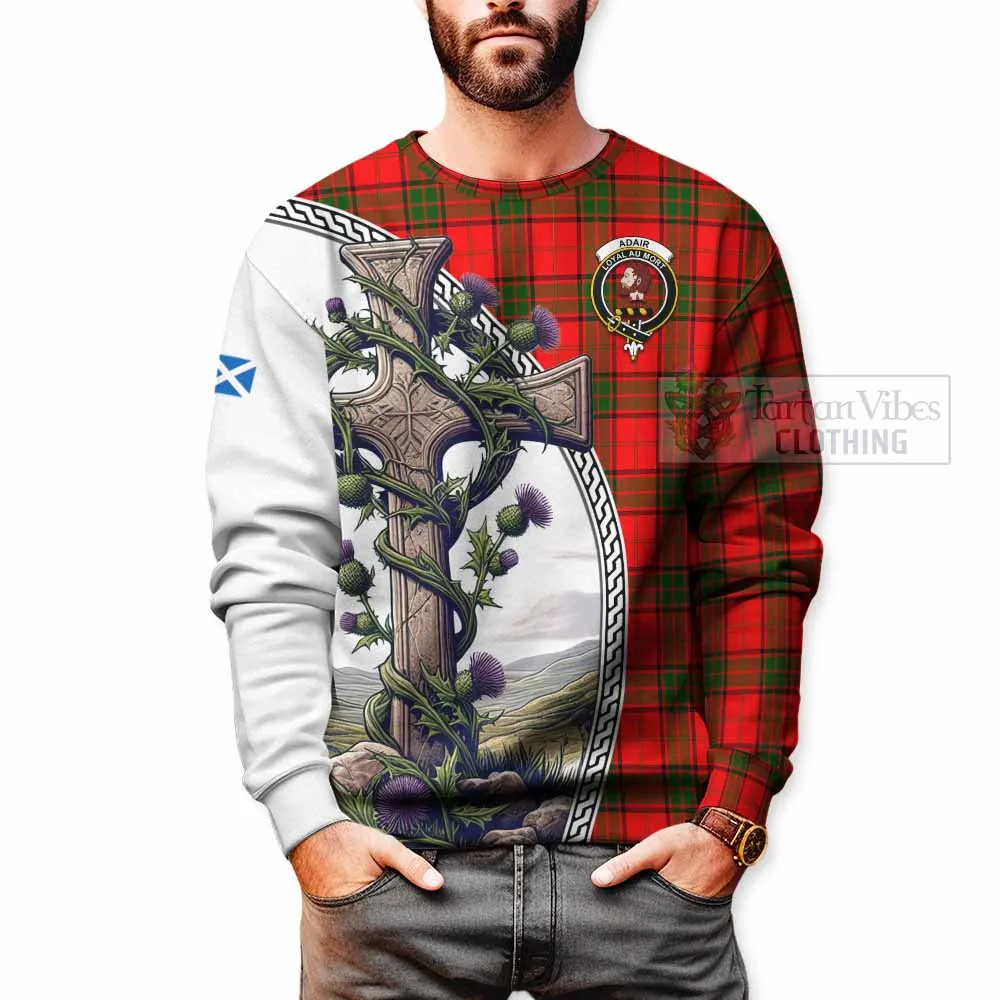 Adair Tartan Sweatshirt with Family Crest and St. Andrew's Cross Accented by Thistle Vines