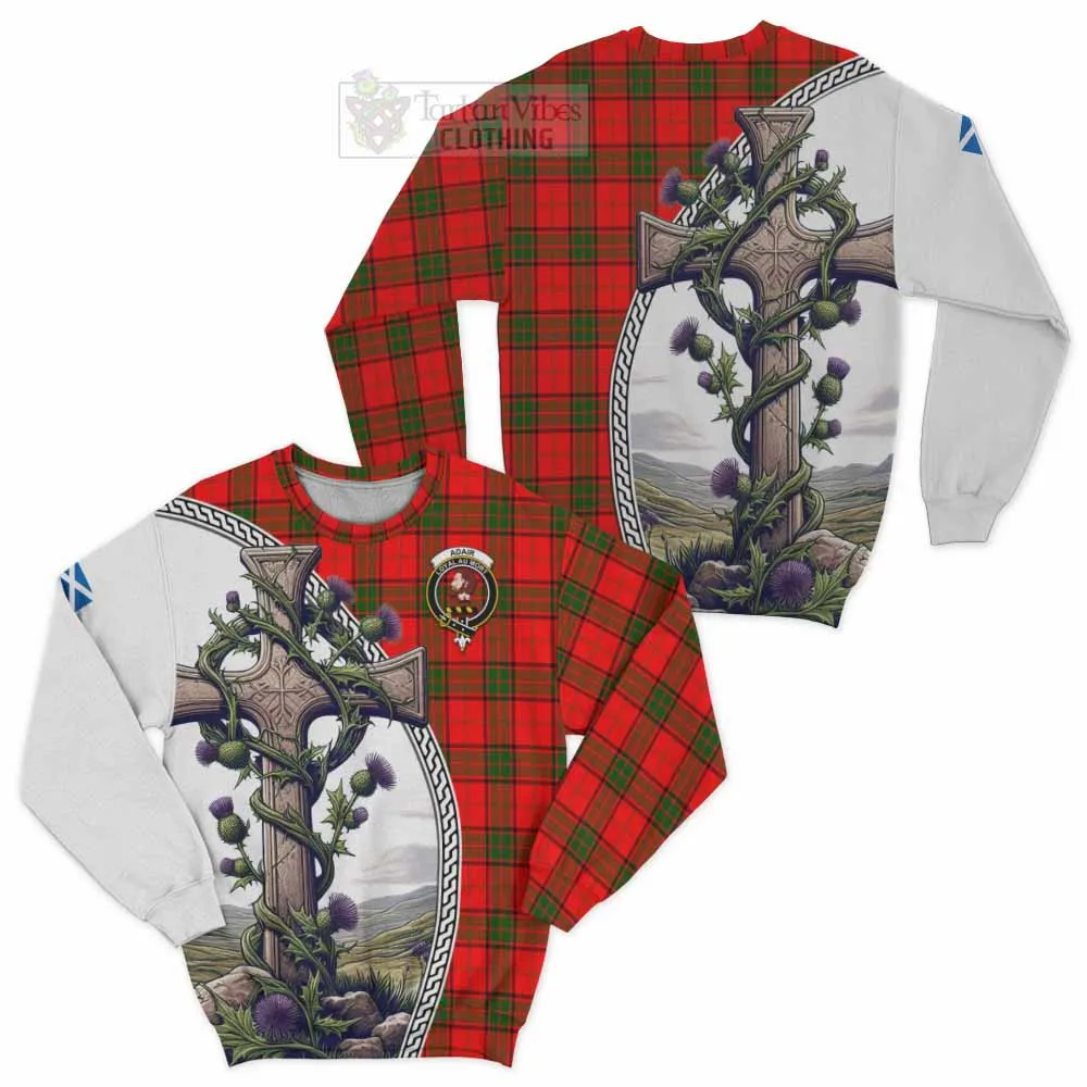 Adair Tartan Sweatshirt with Family Crest and St. Andrew's Cross Accented by Thistle Vines