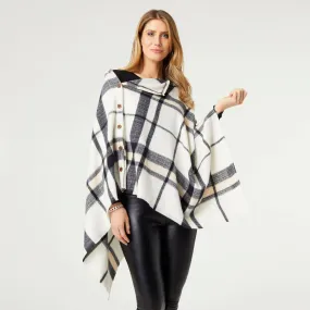 Adela Supersoft Plaid Poncho with Buttons: Cream/Black / One Size