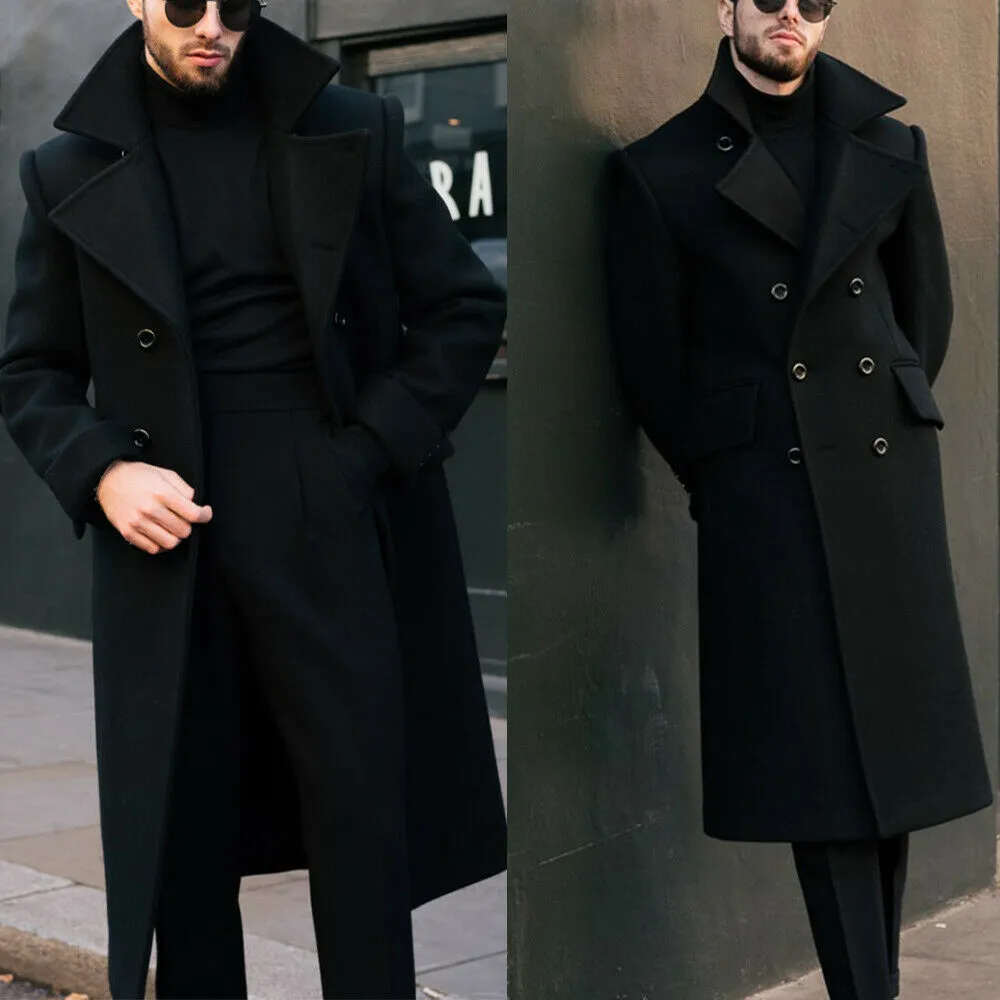 Aidase  Men Long Coat Black Double Breasted Tailor-Made Woolen Blend Winter Warm Overcoat Tailored Blazer Men Suits