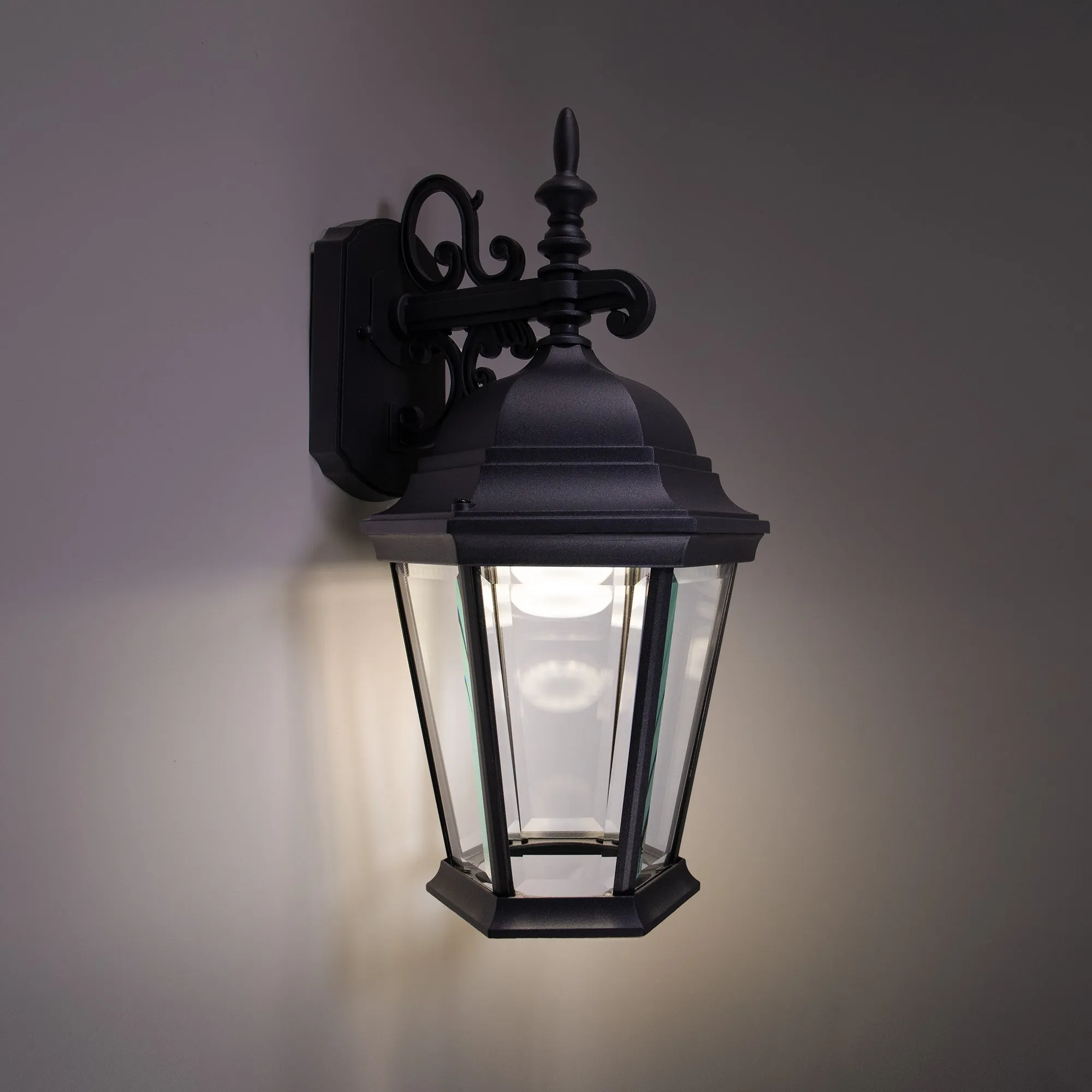 Angled Glass Integrated LED Wall Lantern, 1000 Lumens, 3K, Wet Location, Black Finish with Clear Glass