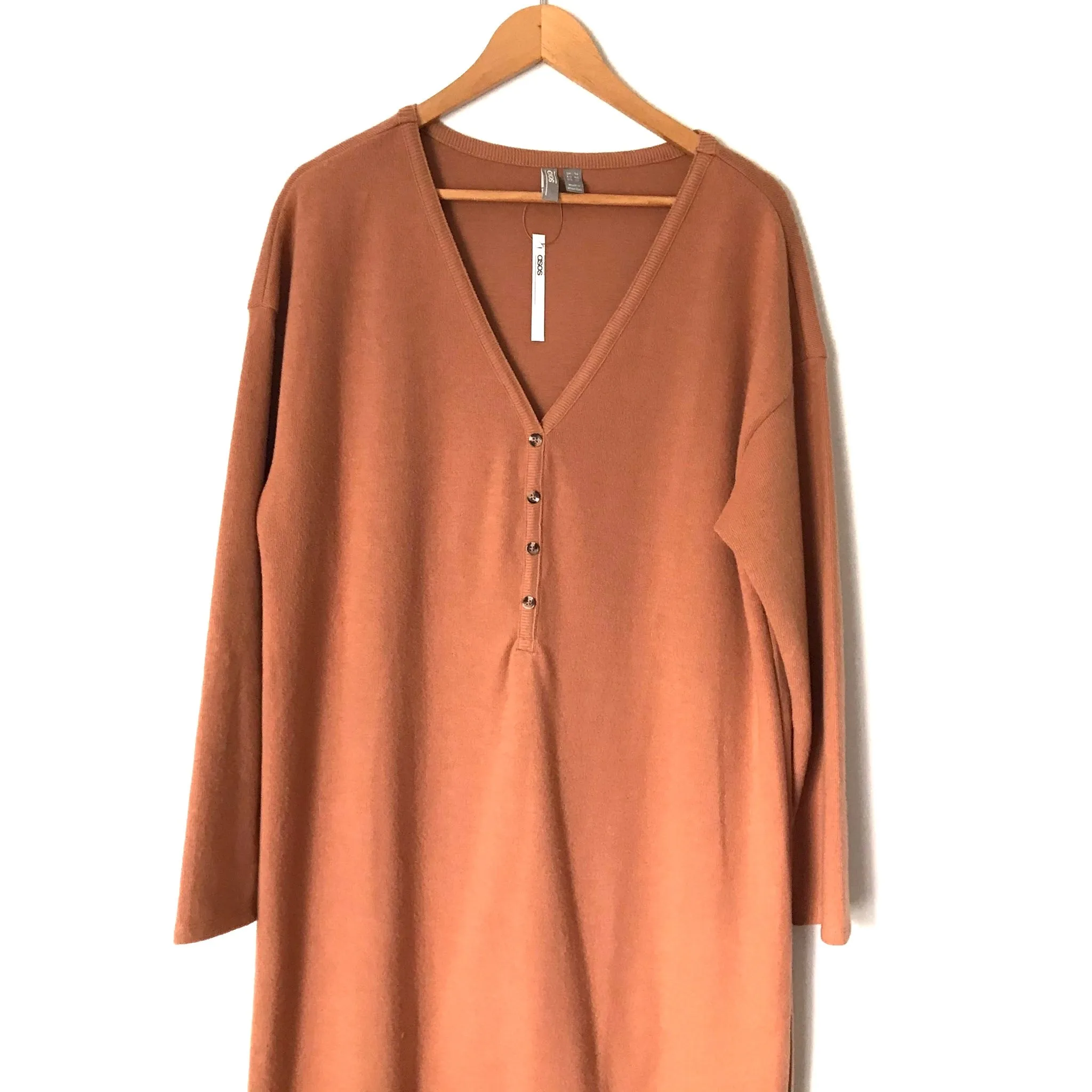 ASOS Camel 1/4 Faux Button Up Sweater Dress with Side Slits NWT- Size 12