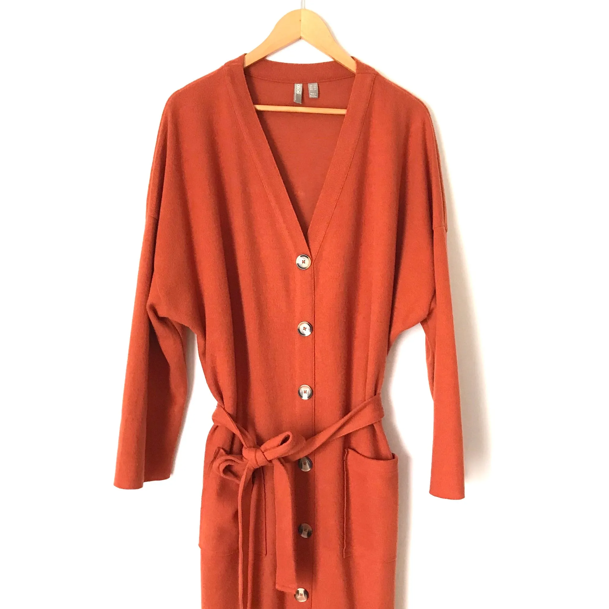 ASOS Rust Faux Button Up Belted Sweater Dress with Side Slits- Size 14 (see notes)