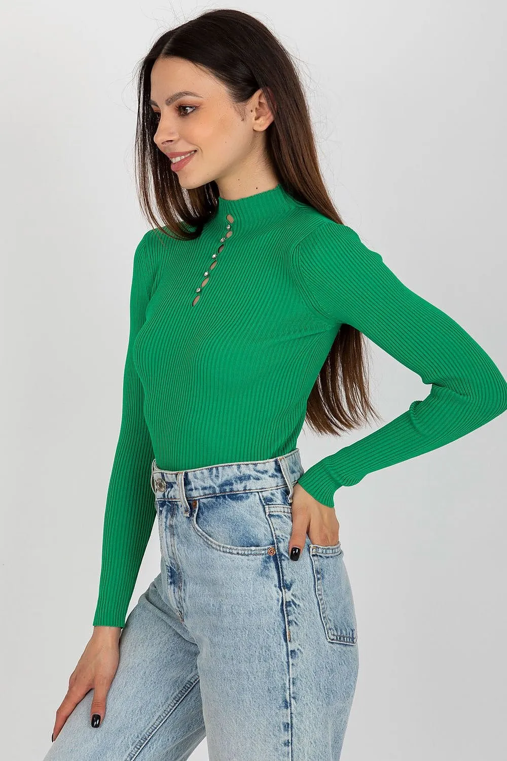 Badu Rhinestone Accent Mock Neck Ribbed Long Sleeve Top