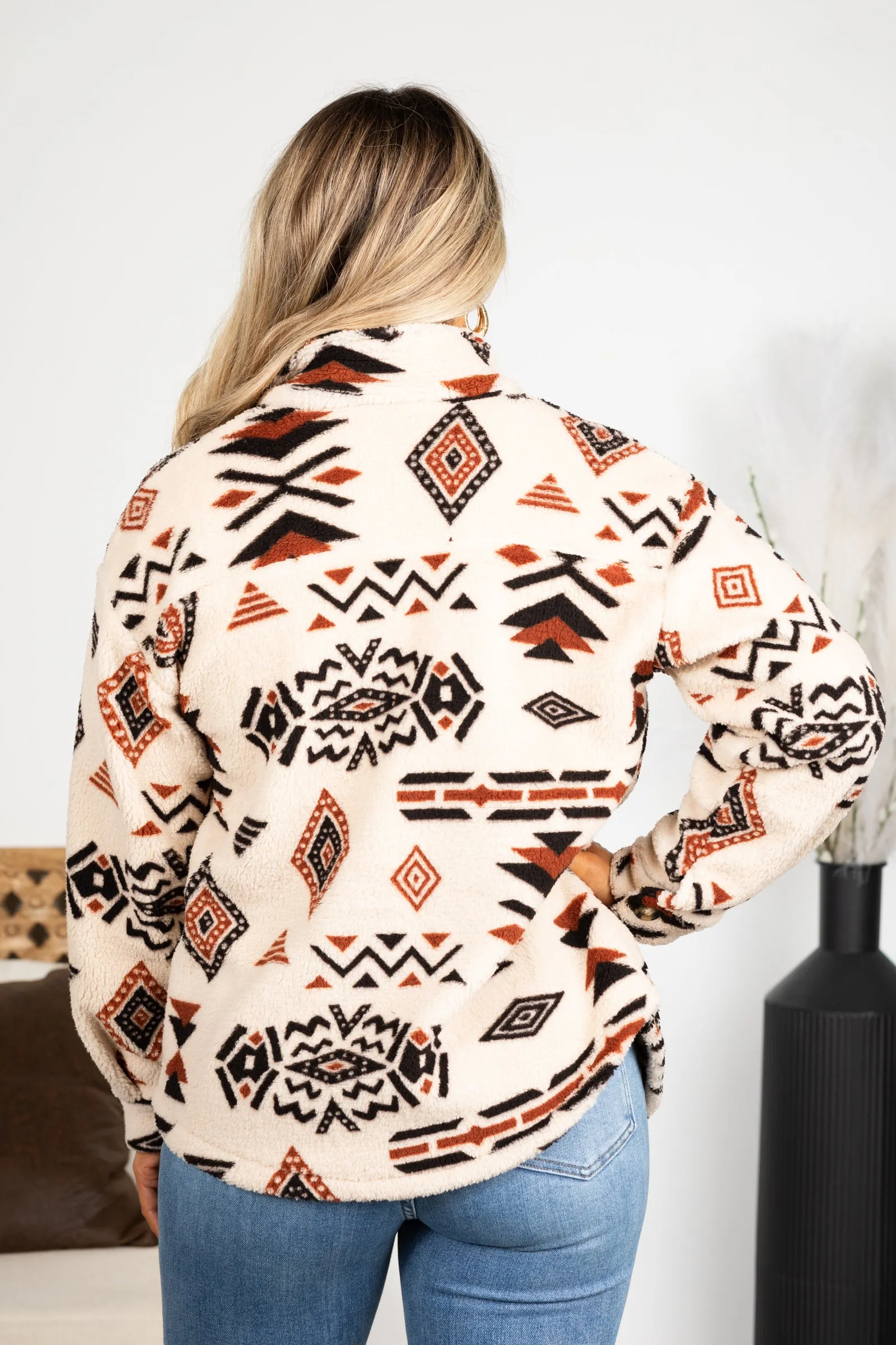 Beige Aztec Print Soft Sherpa Button Jacket