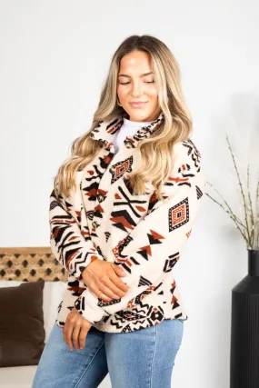 Beige Aztec Print Soft Sherpa Button Jacket