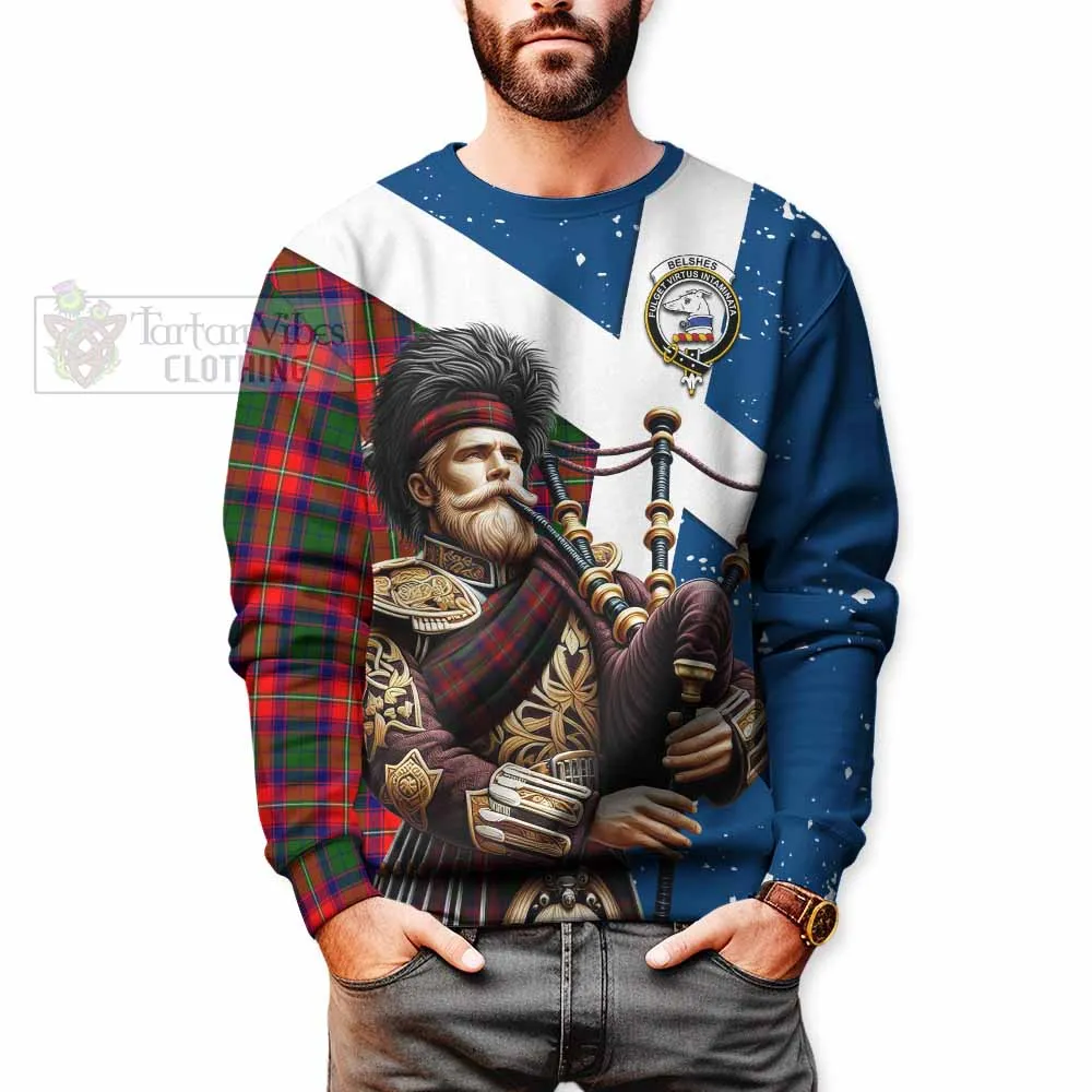 Belshes (Belsches) Tartan Sweatshirt with Family Crest Scottish Bagpiper Vibes