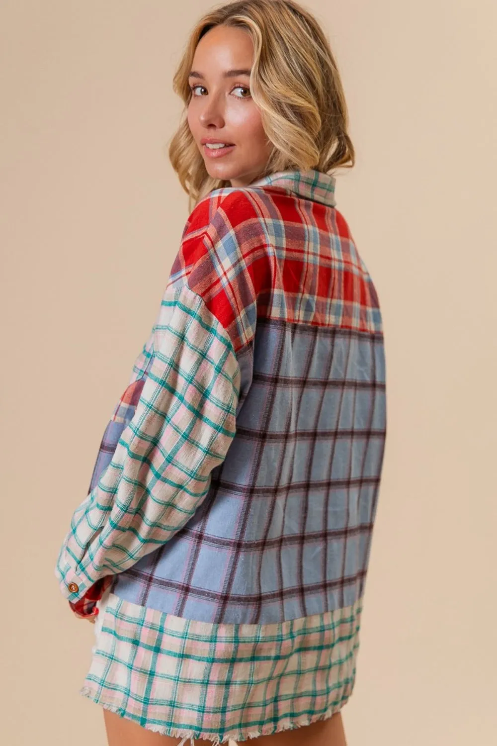 BiBi Color Block Plaid Button Down Shirt