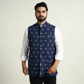 Blue - Pochampally Double Ikat Handloom Cotton Men Nehru Jacket 14