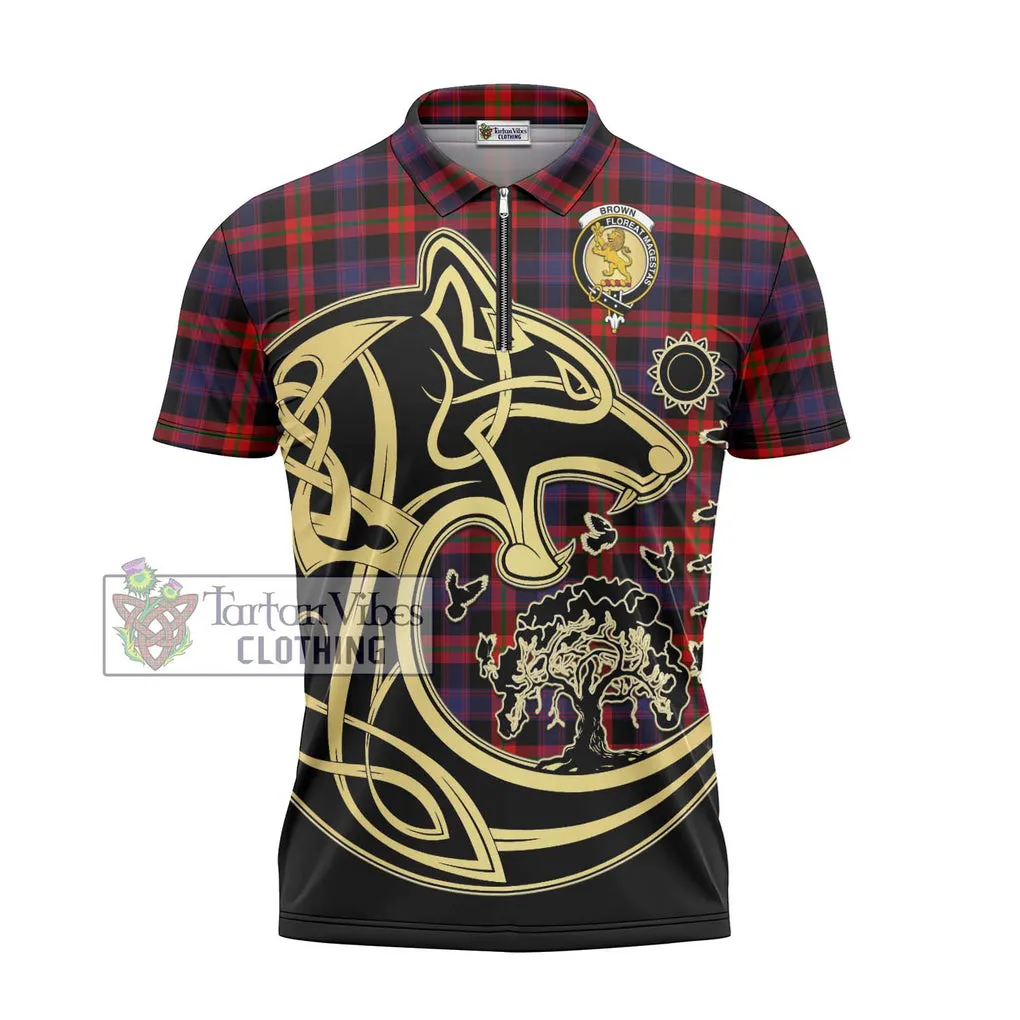 Brown (Broun) Tartan Zipper Polo Shirt with Family Crest Celtic Wolf Style