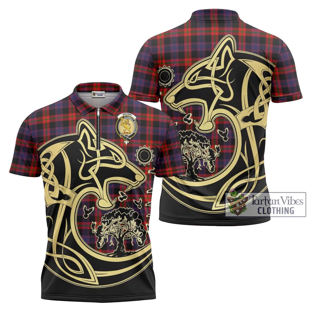 Brown (Broun) Tartan Zipper Polo Shirt with Family Crest Celtic Wolf Style