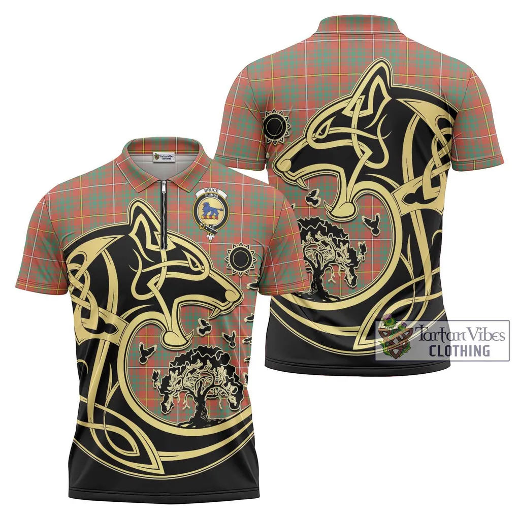 Bruce Ancient Tartan Zipper Polo Shirt with Family Crest Celtic Wolf Style