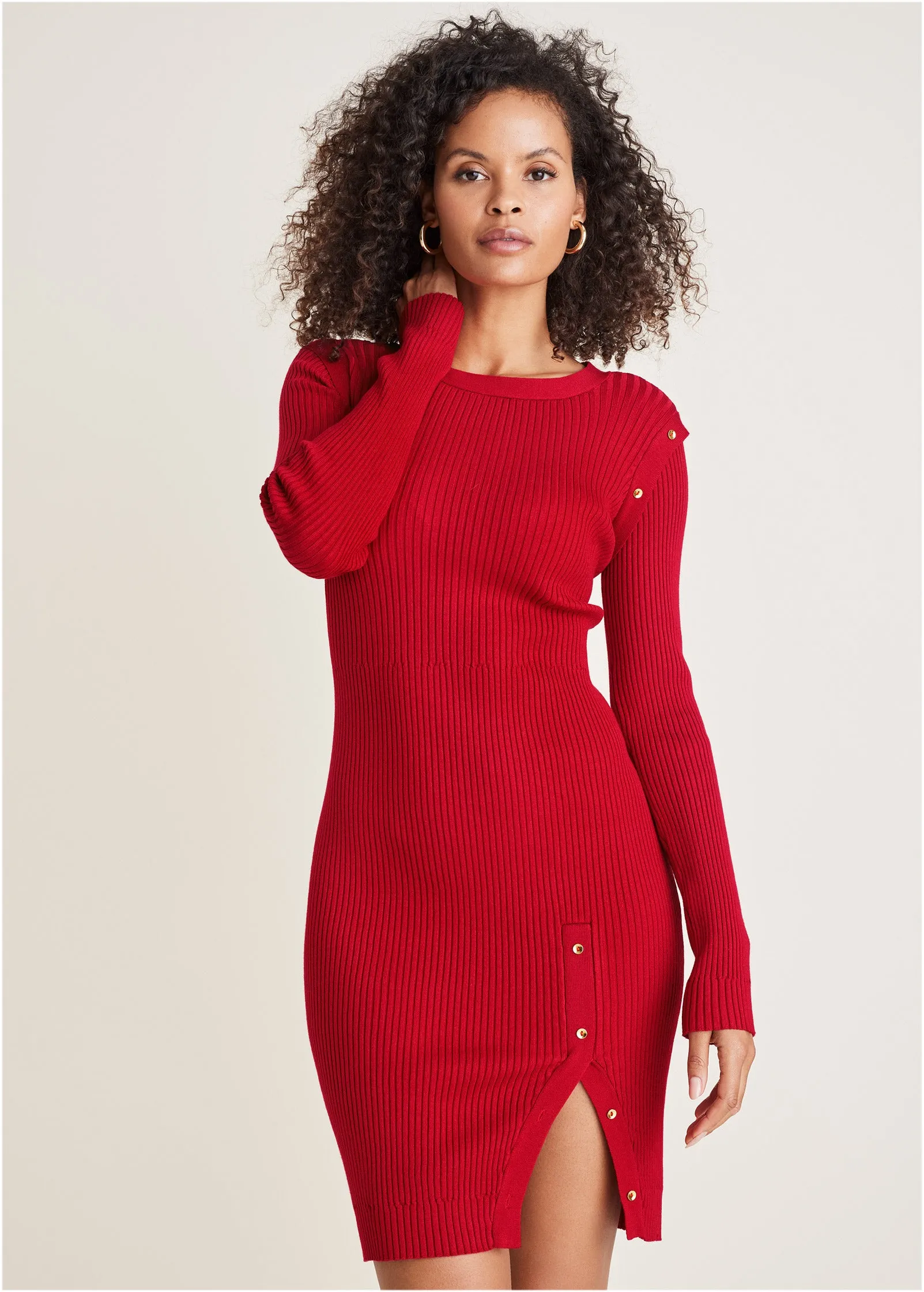 Button Detail Sweater Dress - Equestrian Red