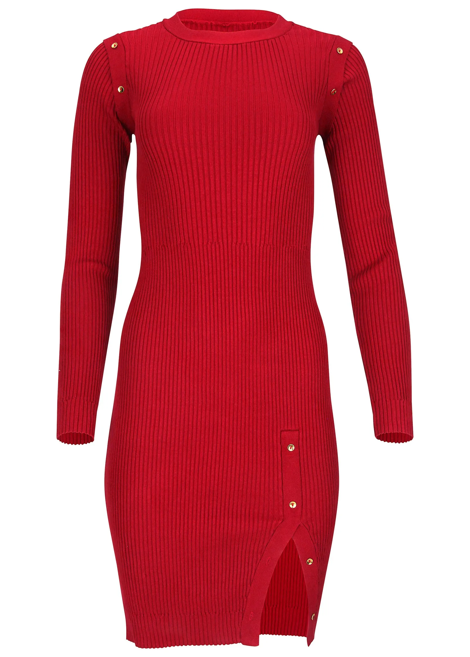 Button Detail Sweater Dress - Equestrian Red