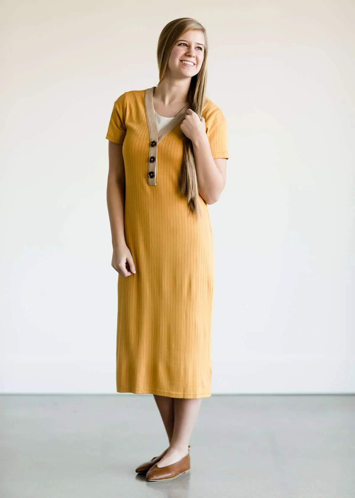 Button Front Ribbed Midi Dress - FINAL SALE