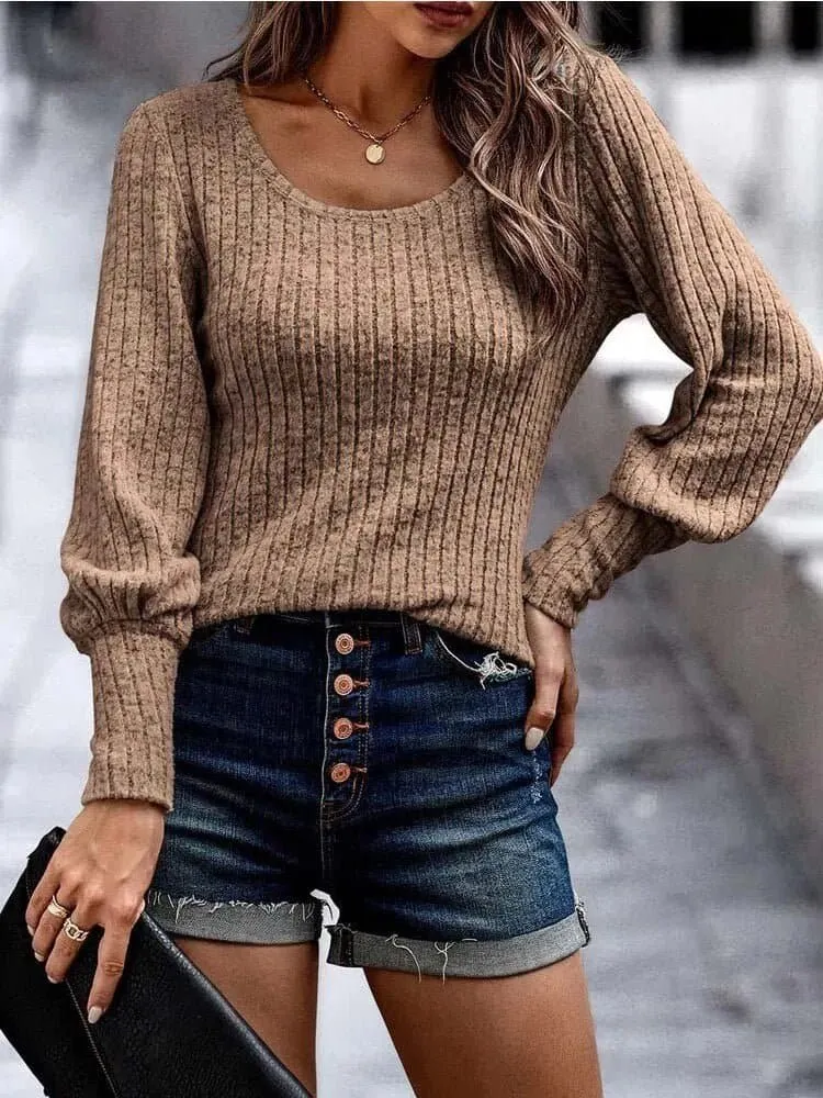 Casual Knitted Pullover Sweater with Lantern Sleeves | Medium Stretch, Solid Pattern | Comfortable Fit | EPIPHLULU