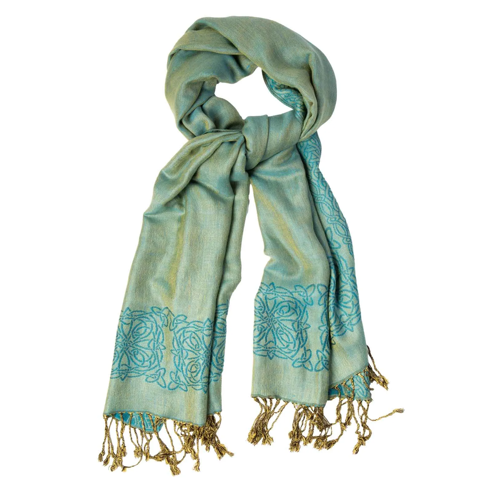 Celtic Knot Border Pashmina Scarf- Aqua/Light Blue