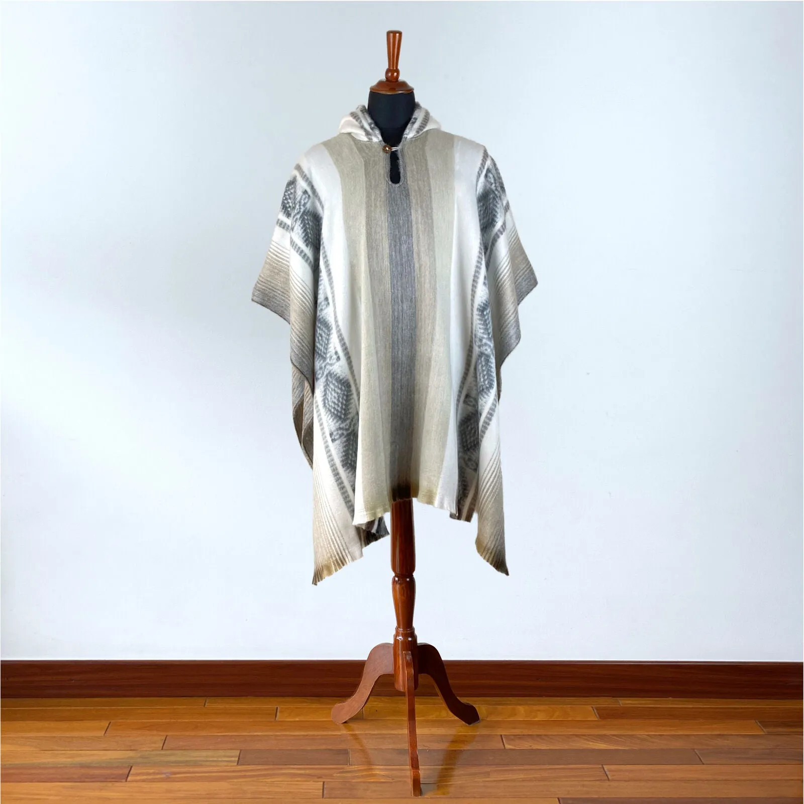 Chambo - Lightweight Baby Alpaca Hooded Poncho - White/Beige - Unisex