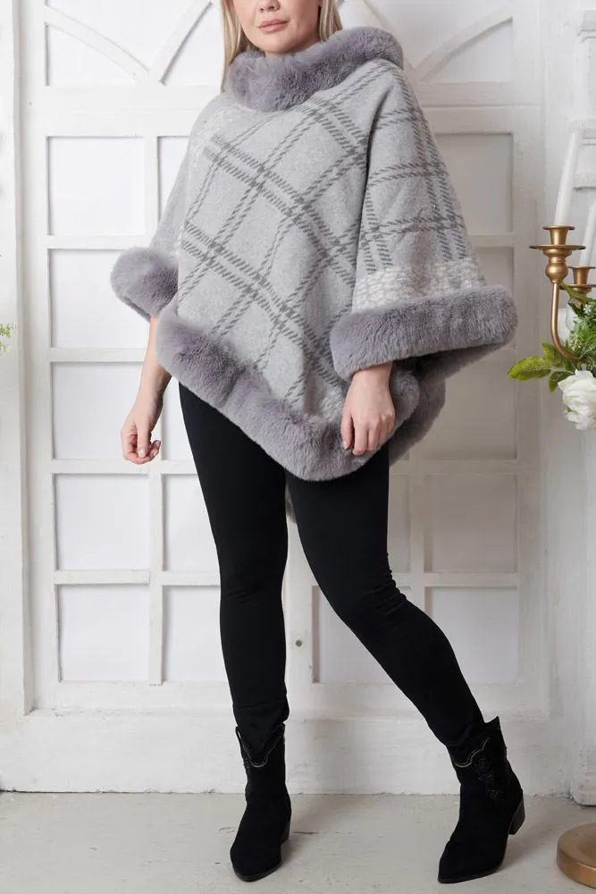 Check Pattern Faux Fur Viscose Poncho