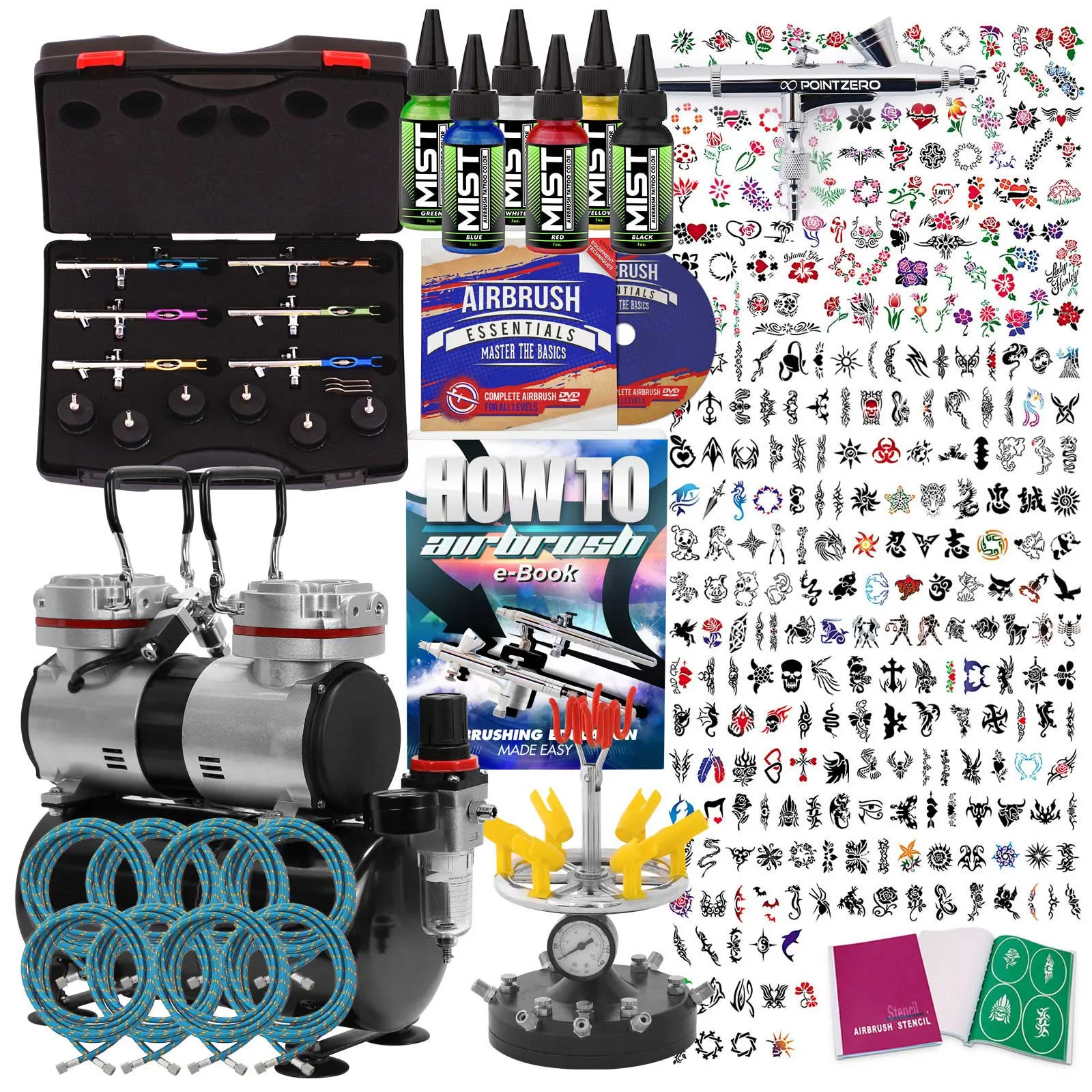 Complete Temporary Tattoo Airbrush Set - 6 Airbrushes & Compressor