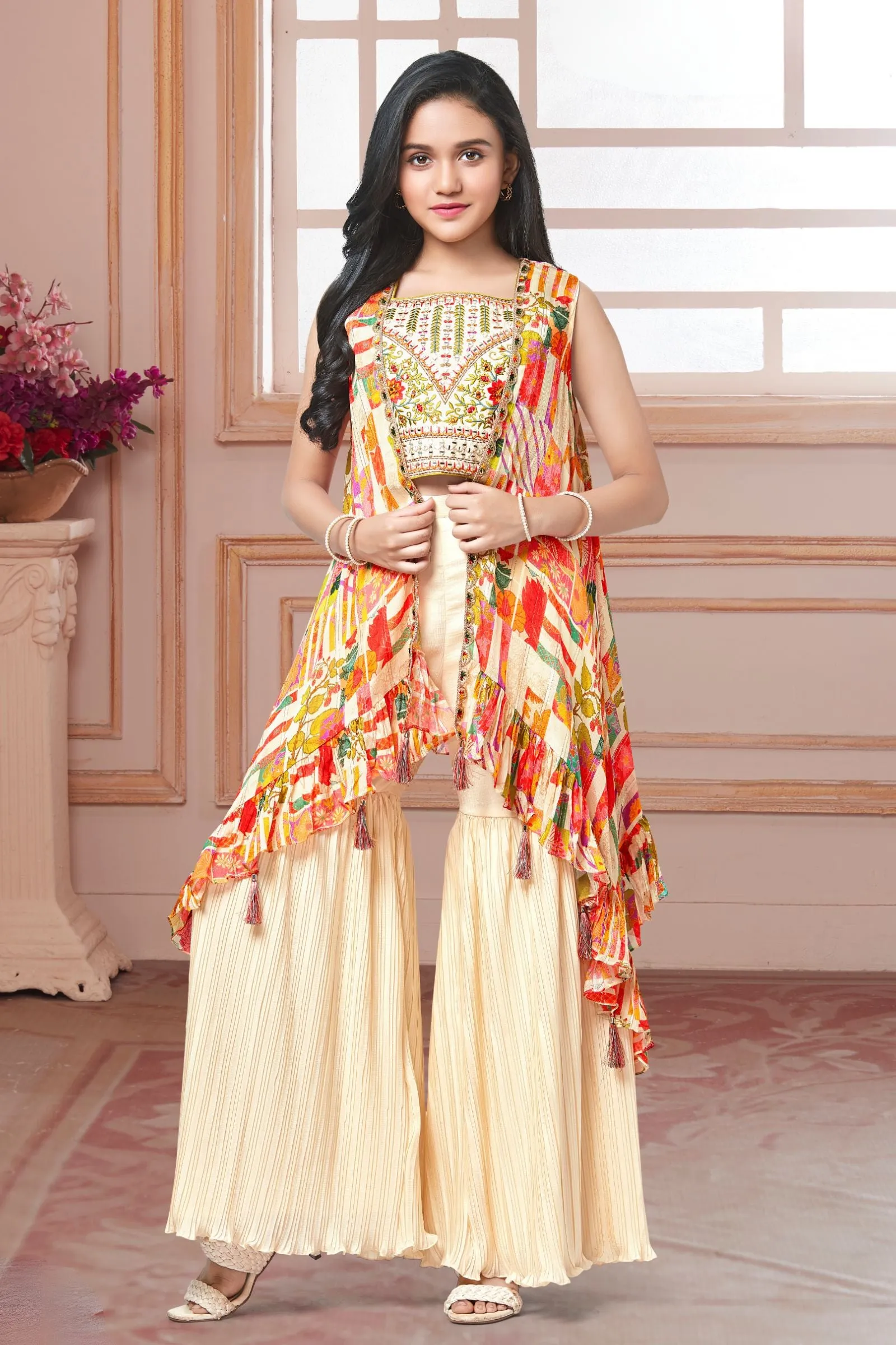 Cream Mirror and Embroidery work with Digital Print Overcoat Styled Sharara Set For Girls