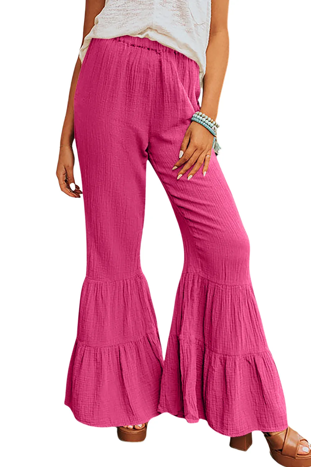 Crinkle Ruffle Bell Bottom Pants