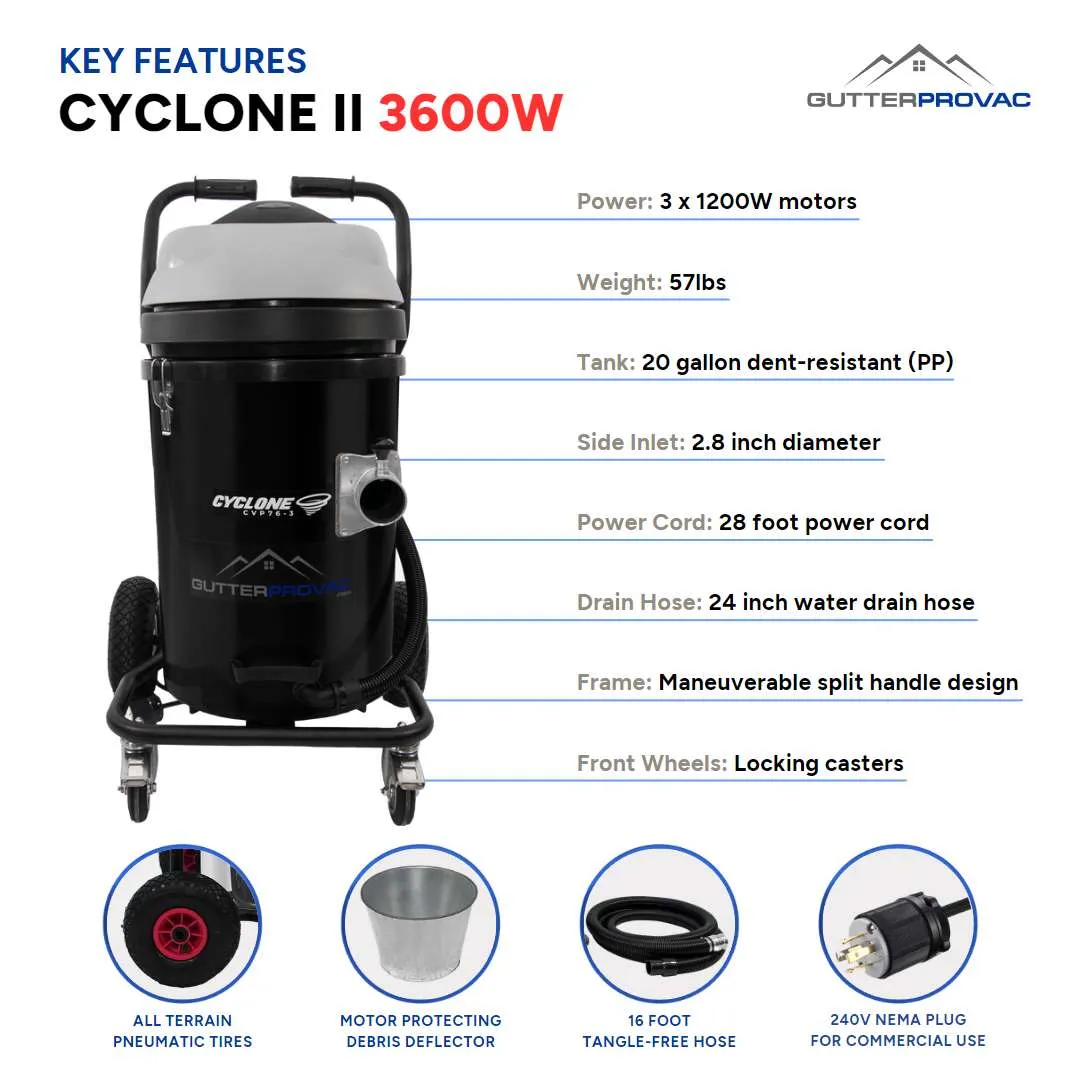 Cyclone II 3600W Polypropylene 20 Gallon Gutter Vacuum with 20 Foot Aluminum Poles and Bag