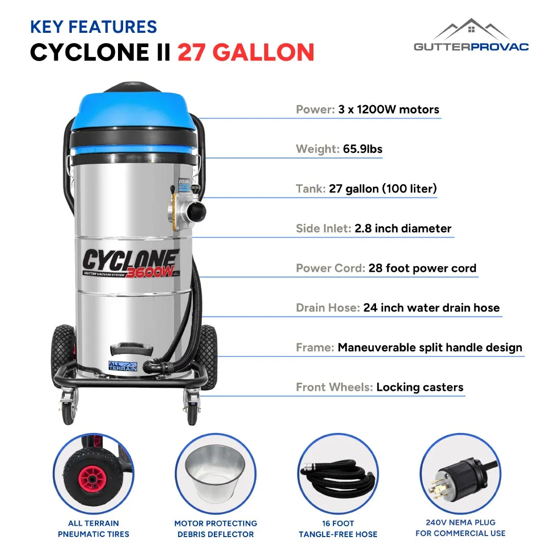 Cyclone II 3600W Stainless Steel 27 Gallon All Terrain Gutter Vacuum with 40 Foot Carbon Clamping Poles and Bag