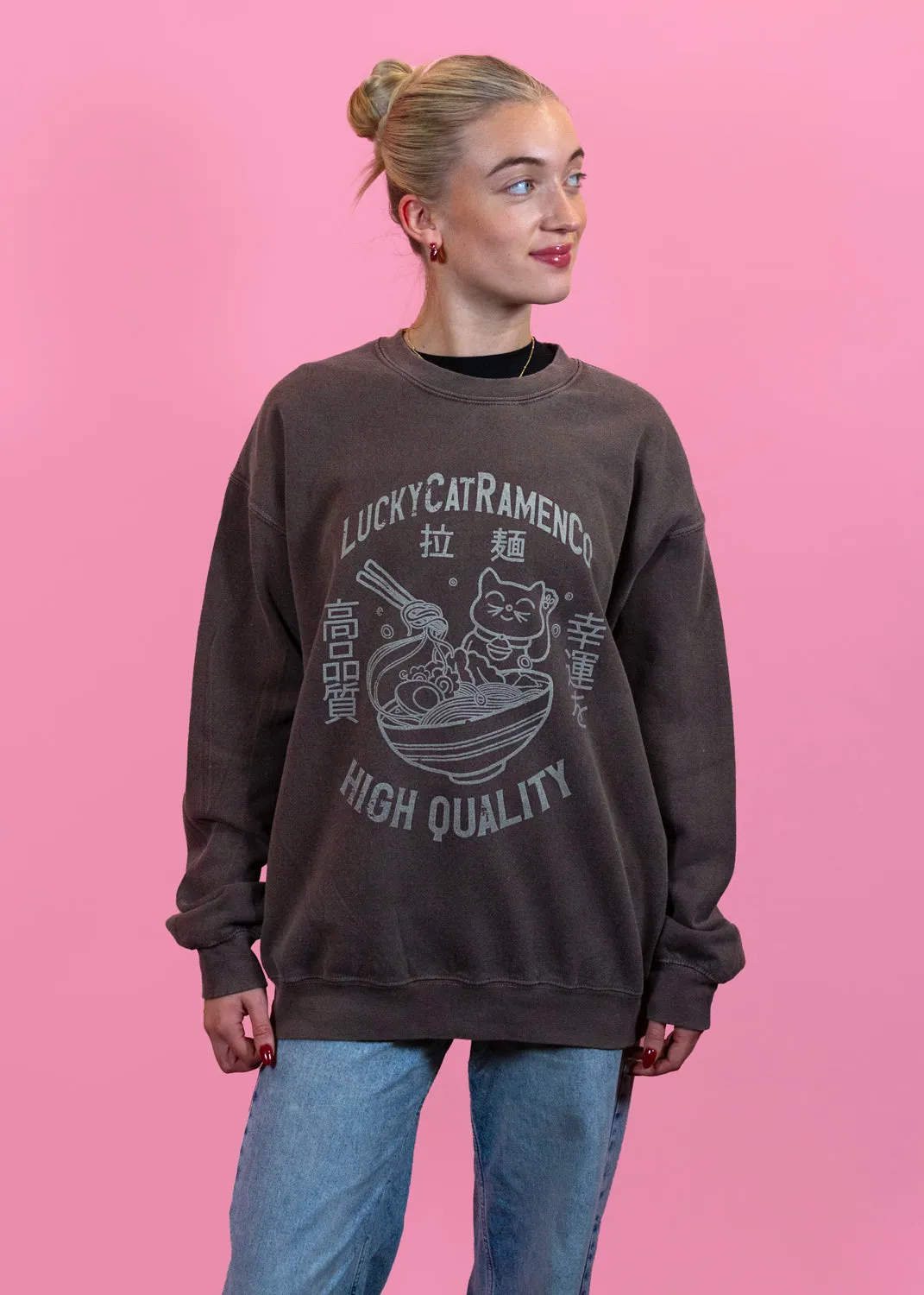 Daisy Street - Washed Brown Lucky Cat Ramen Noodles Sweater