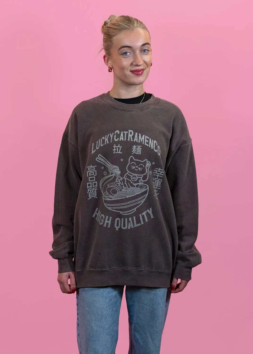 Daisy Street - Washed Brown Lucky Cat Ramen Noodles Sweater