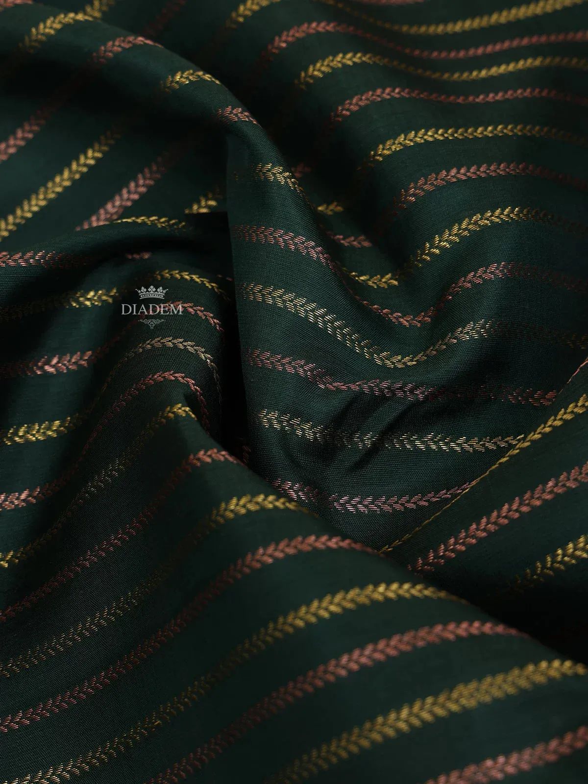 Dark Green Pure Kanchipuram Bridal Silk Saree with Floral Stripes Design on the Body with Zari Border