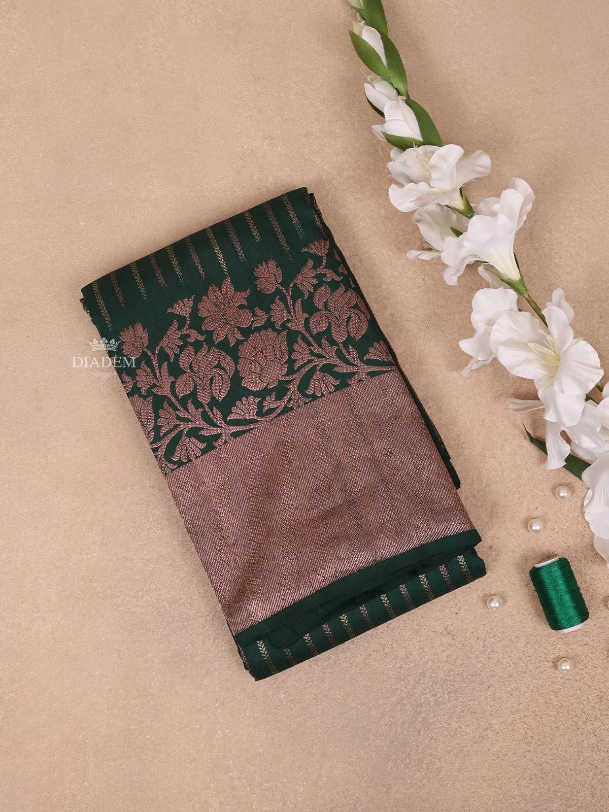 Dark Green Pure Kanchipuram Bridal Silk Saree with Floral Stripes Design on the Body with Zari Border