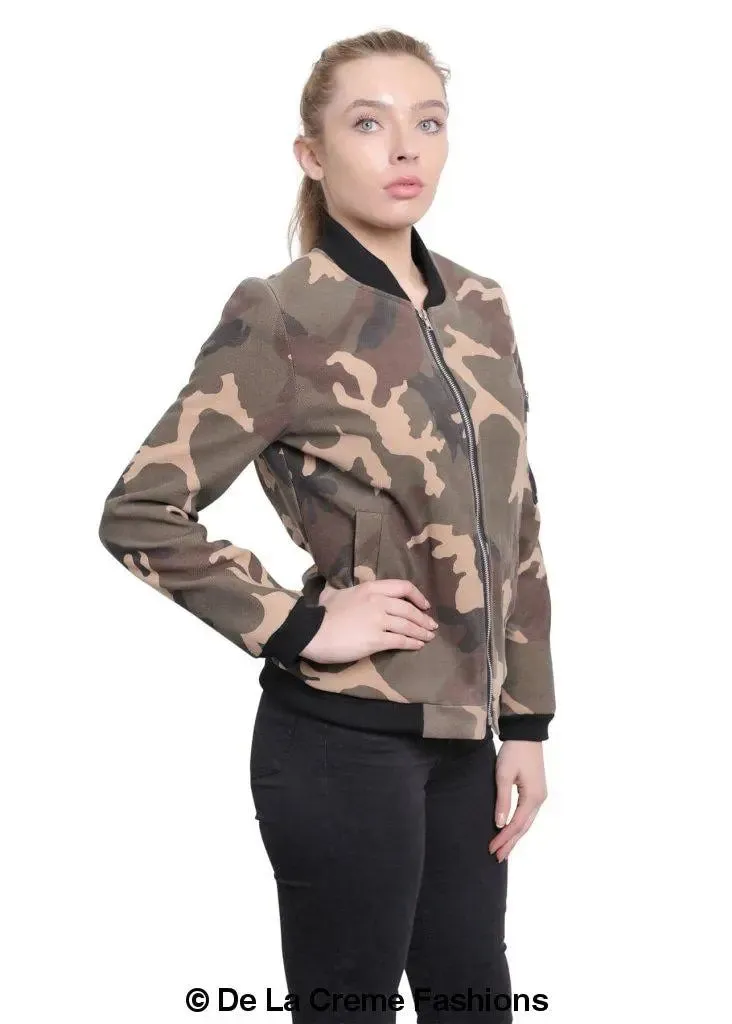 De La Creme - Womens Camo Zip-Thru Varsity Bomber Jacket