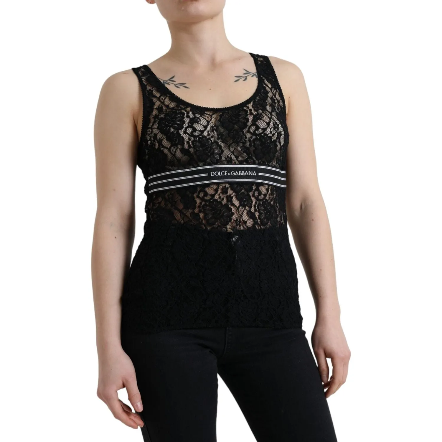 Dolce & Gabbana Elegant Lace Tank Top with Logo Stripe