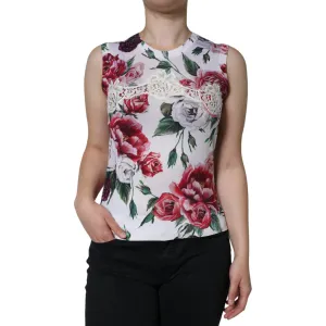 Dolce & Gabbana White Floral Lace Silk Sleeveless Tank Top