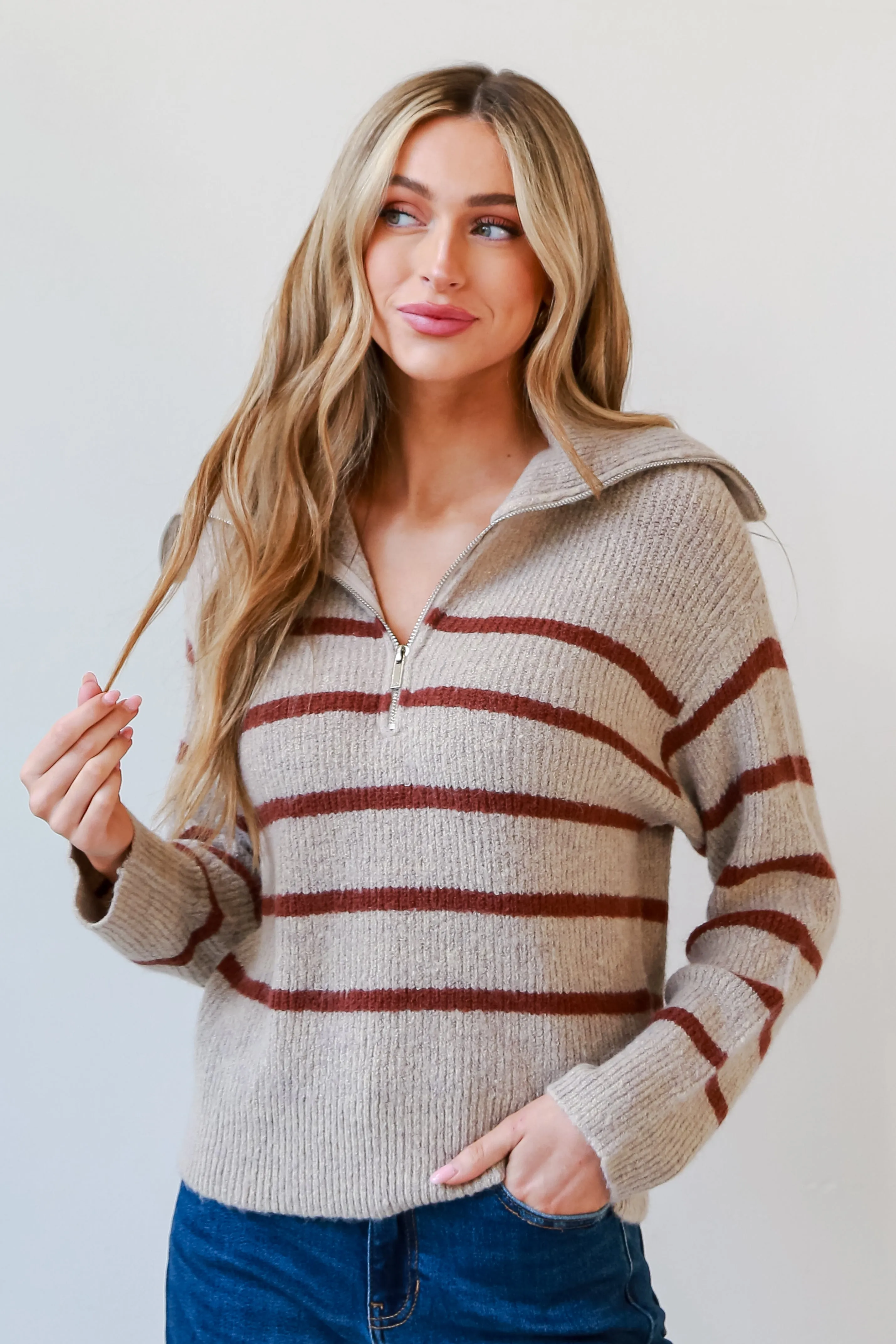 FINAL SALE - Adorably Warm Taupe Striped Collared Sweater