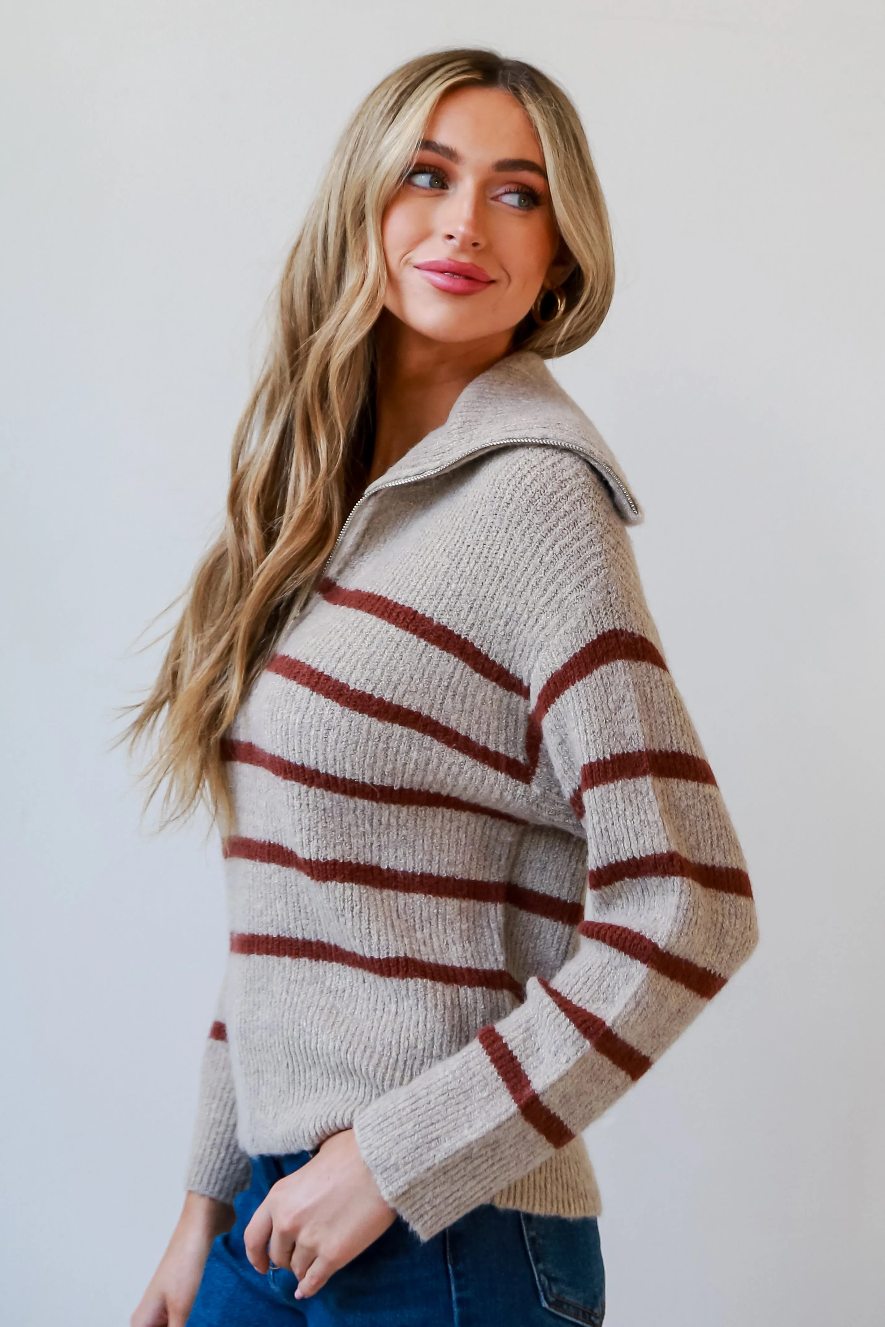 FINAL SALE - Adorably Warm Taupe Striped Collared Sweater