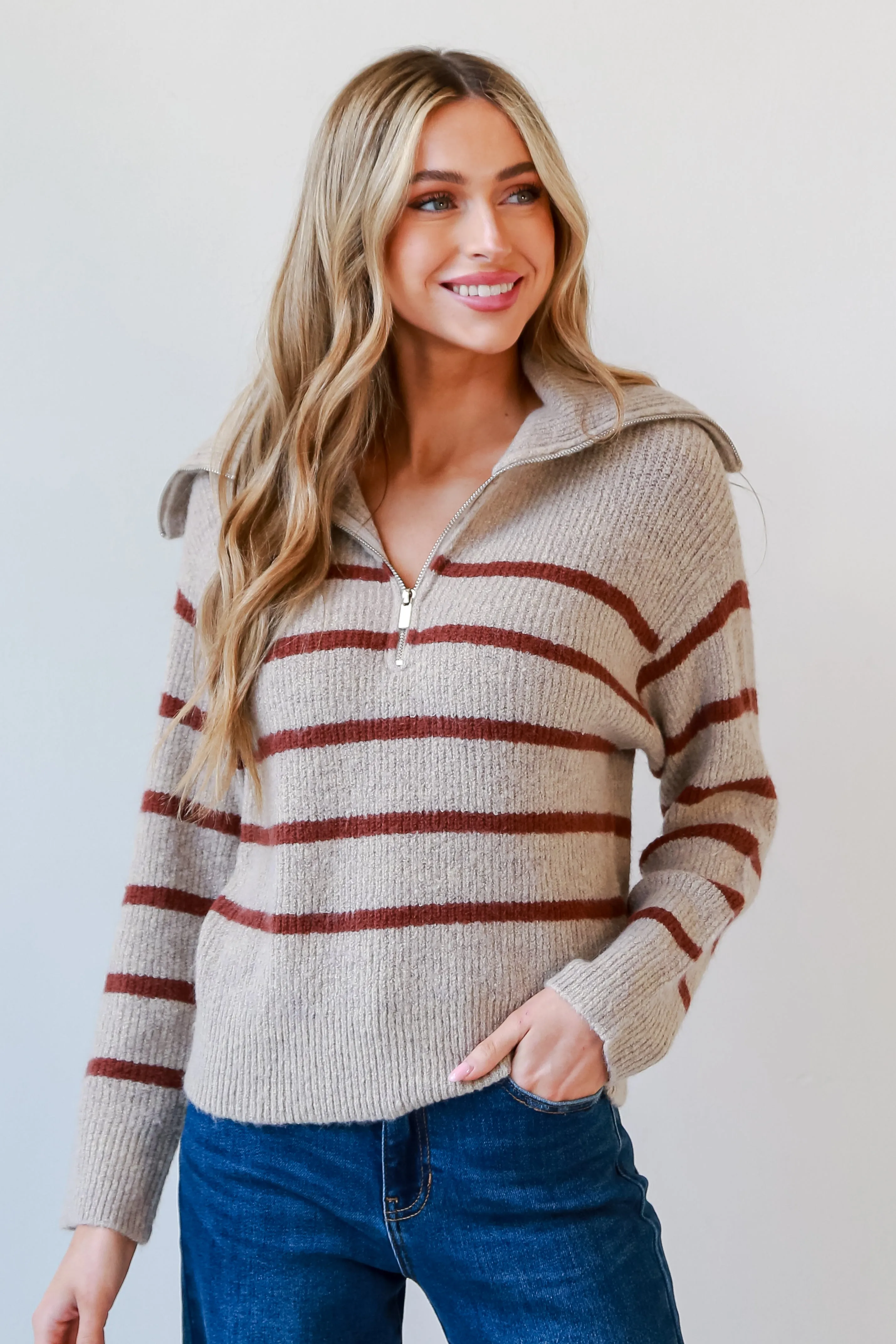 FINAL SALE - Adorably Warm Taupe Striped Collared Sweater