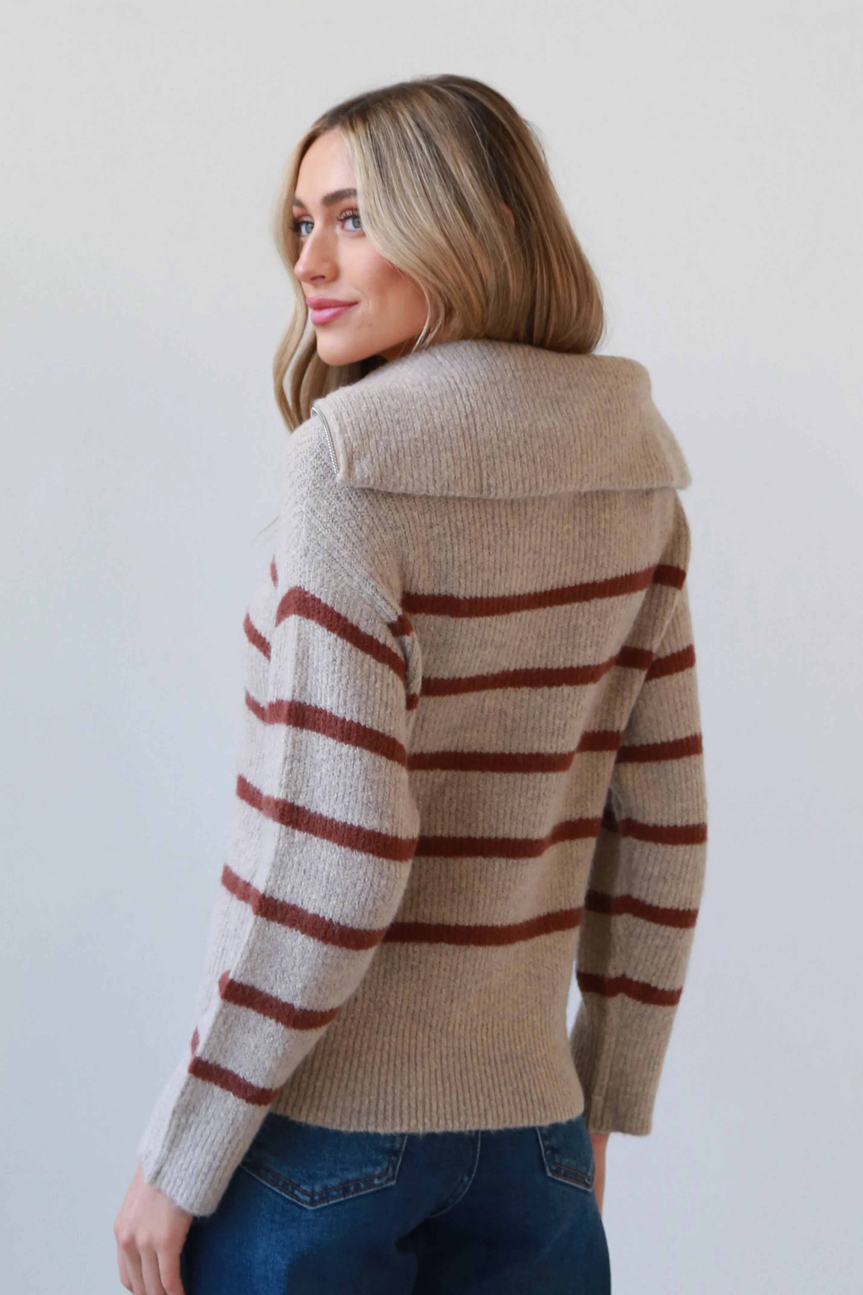 FINAL SALE - Adorably Warm Taupe Striped Collared Sweater