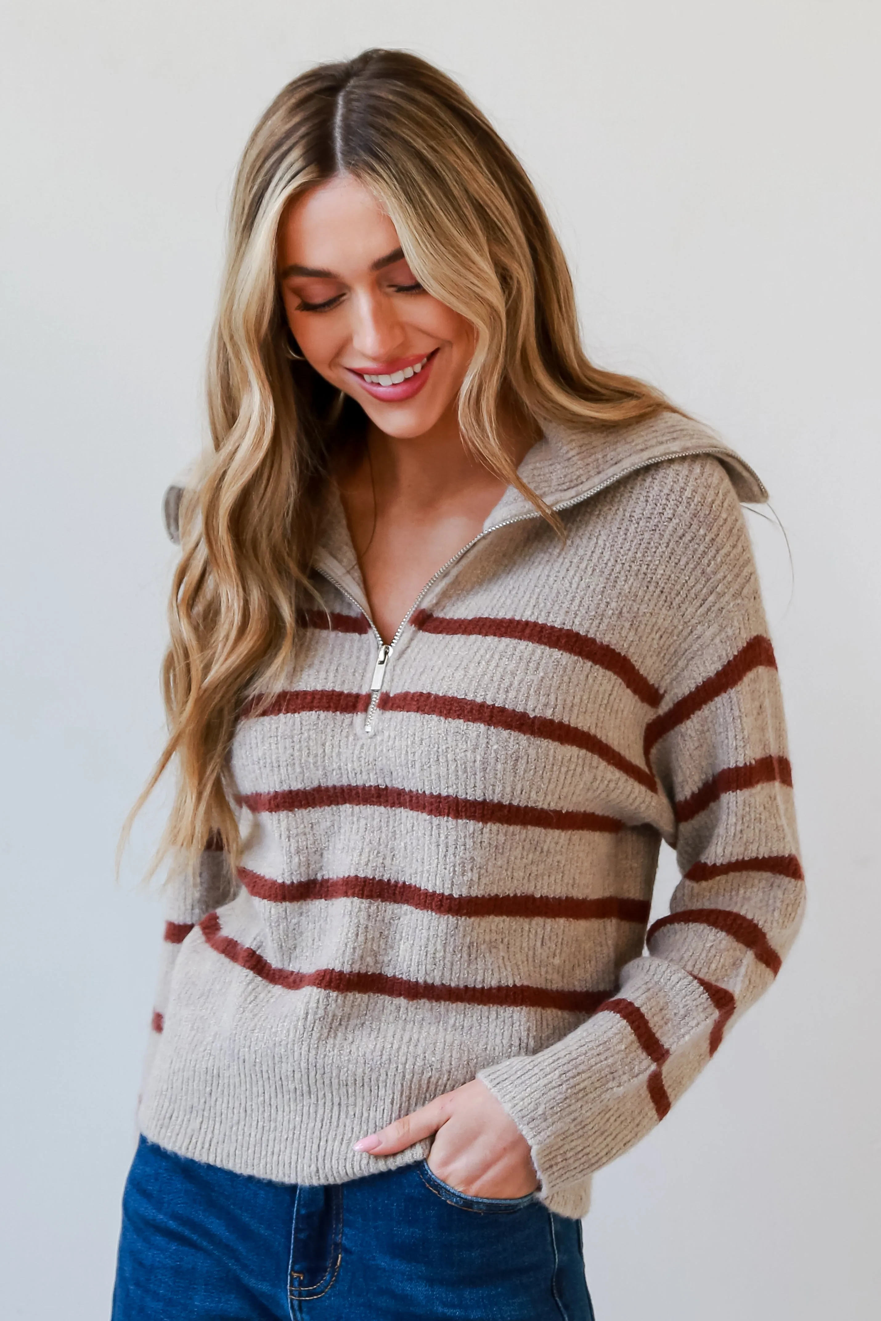 FINAL SALE - Adorably Warm Taupe Striped Collared Sweater