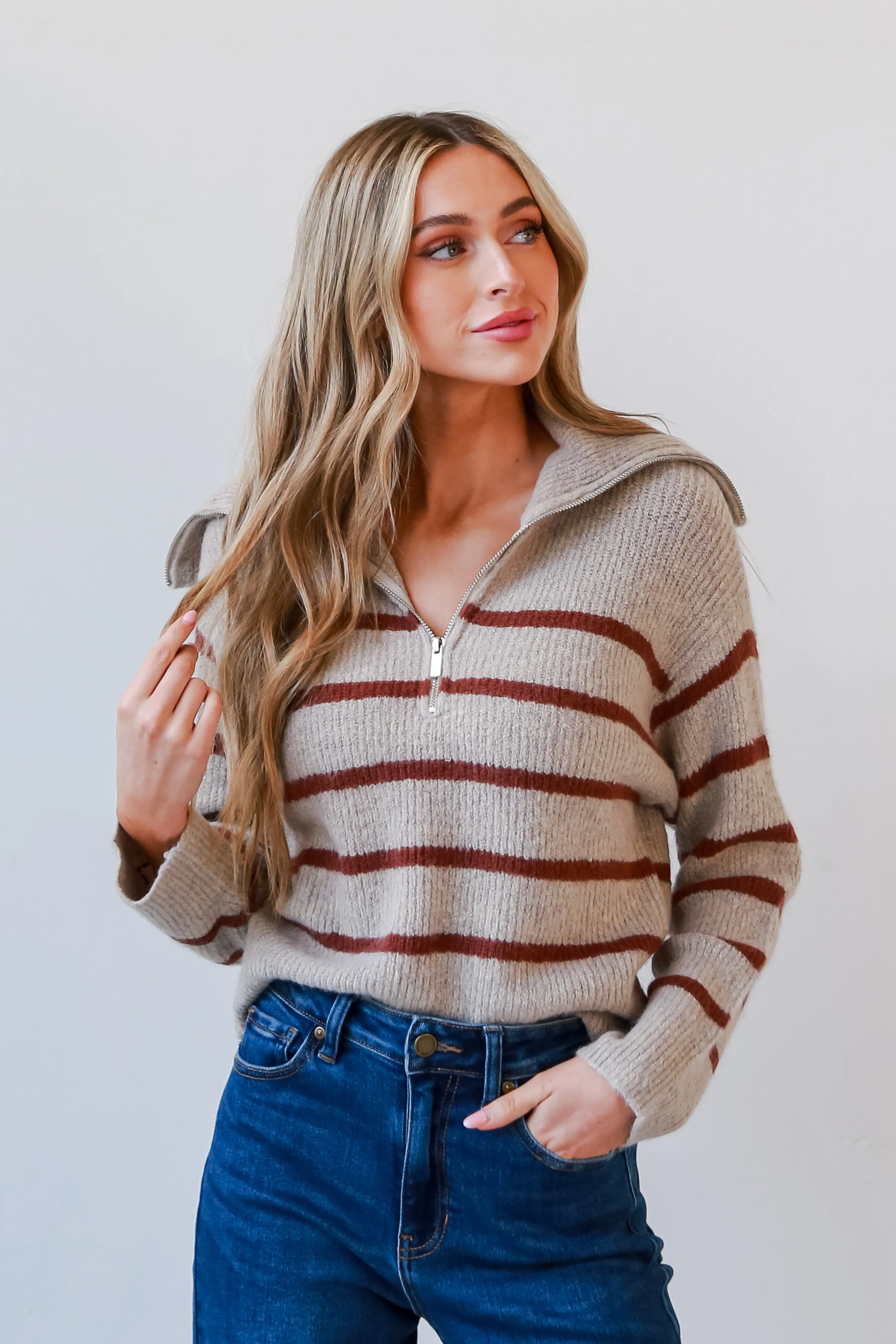 FINAL SALE - Adorably Warm Taupe Striped Collared Sweater