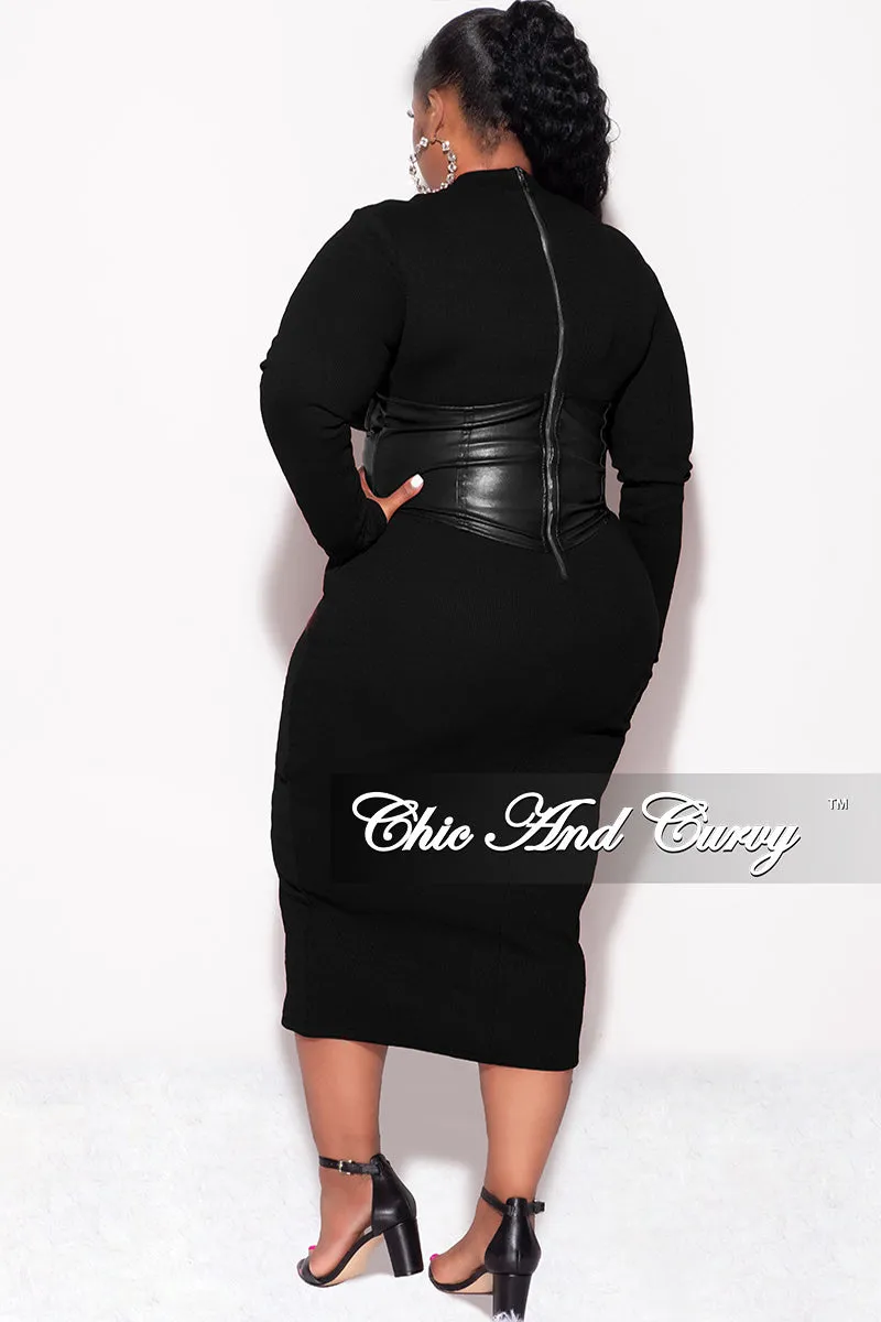 Final Sale Plus Size Thick Knit Sweater Dress with Faux Leather Corset Waist Midi Dress in Black