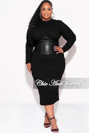 Final Sale Plus Size Thick Knit Sweater Dress with Faux Leather Corset Waist Midi Dress in Black