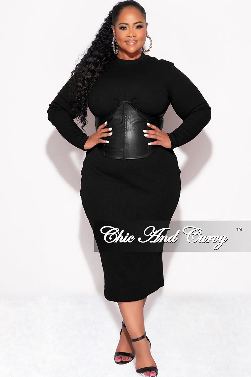 Final Sale Plus Size Thick Knit Sweater Dress with Faux Leather Corset Waist Midi Dress in Black